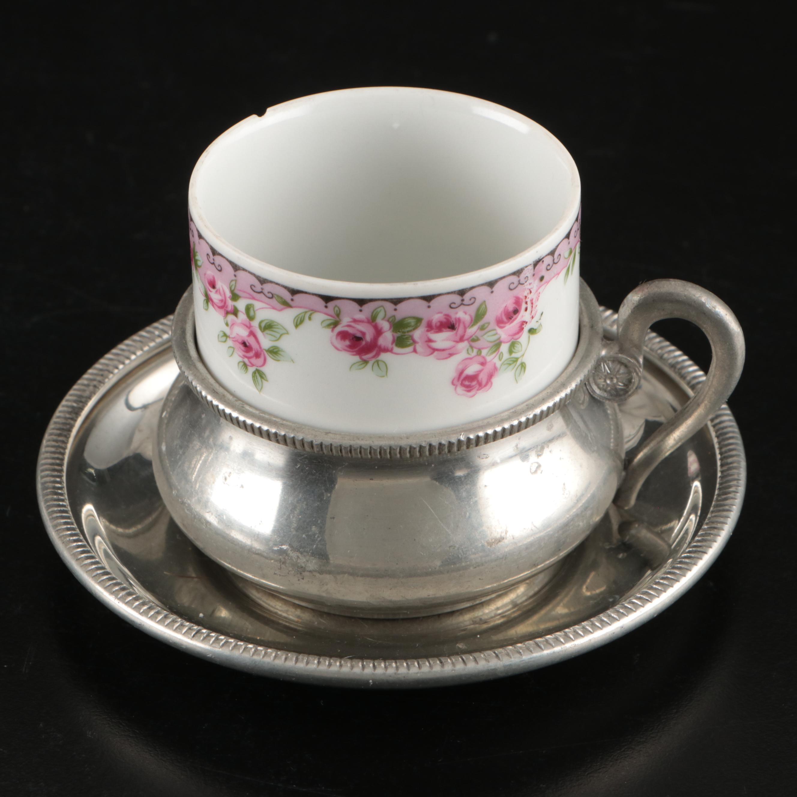 Ancap Porcelain Demitasse Cups with Italian Pewter Cup Holders and Saucers