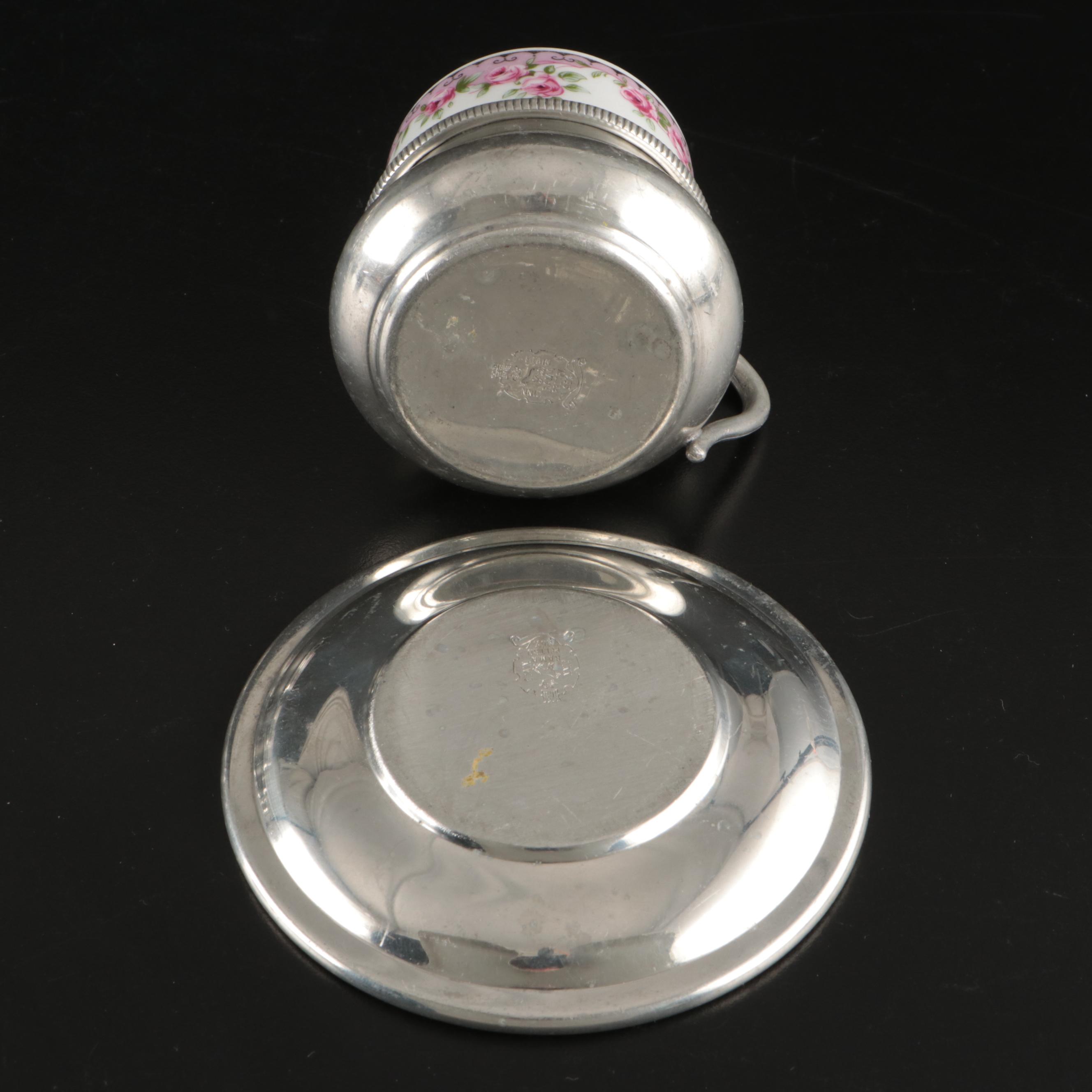 Ancap Porcelain Demitasse Cups with Italian Pewter Cup Holders and Saucers