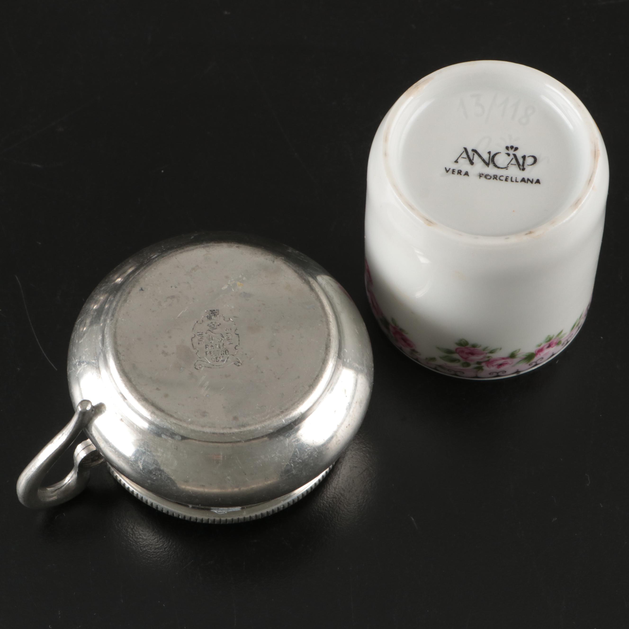 Ancap Porcelain Demitasse Cups with Italian Pewter Cup Holders and Saucers