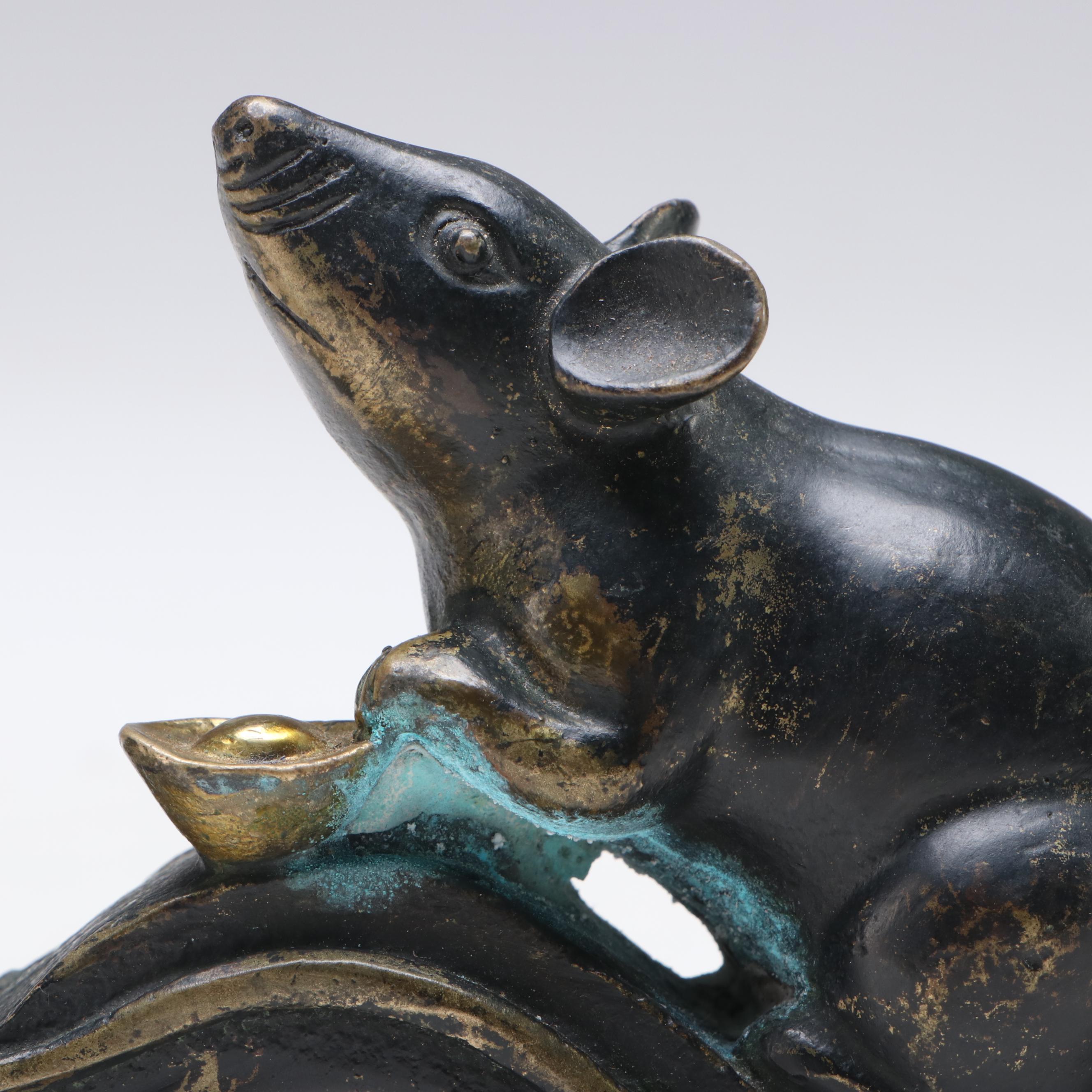 Chinese Bronze Rat Figure with Ingot on Ruyi Scepter