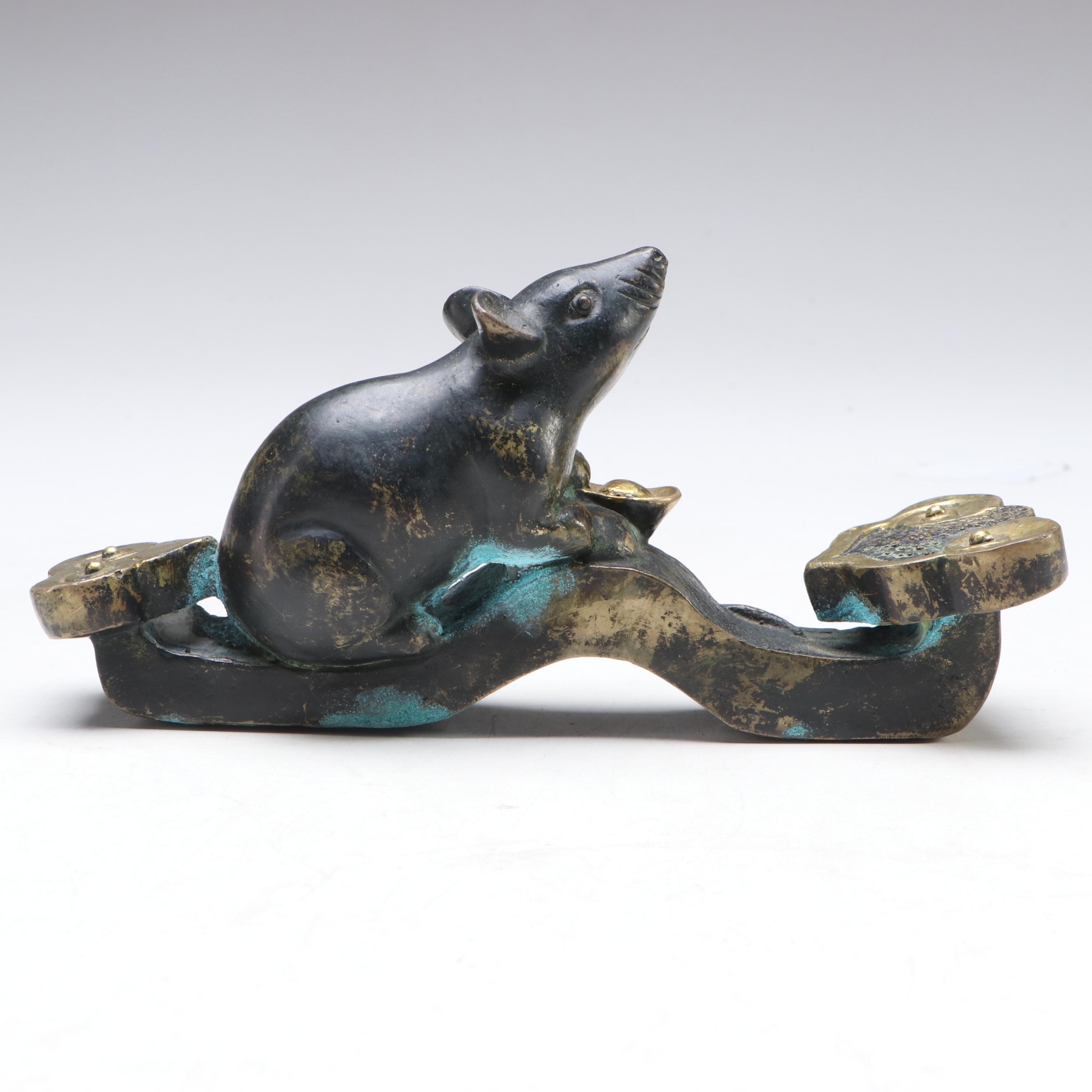 Chinese Bronze Rat Figure with Ingot on Ruyi Scepter