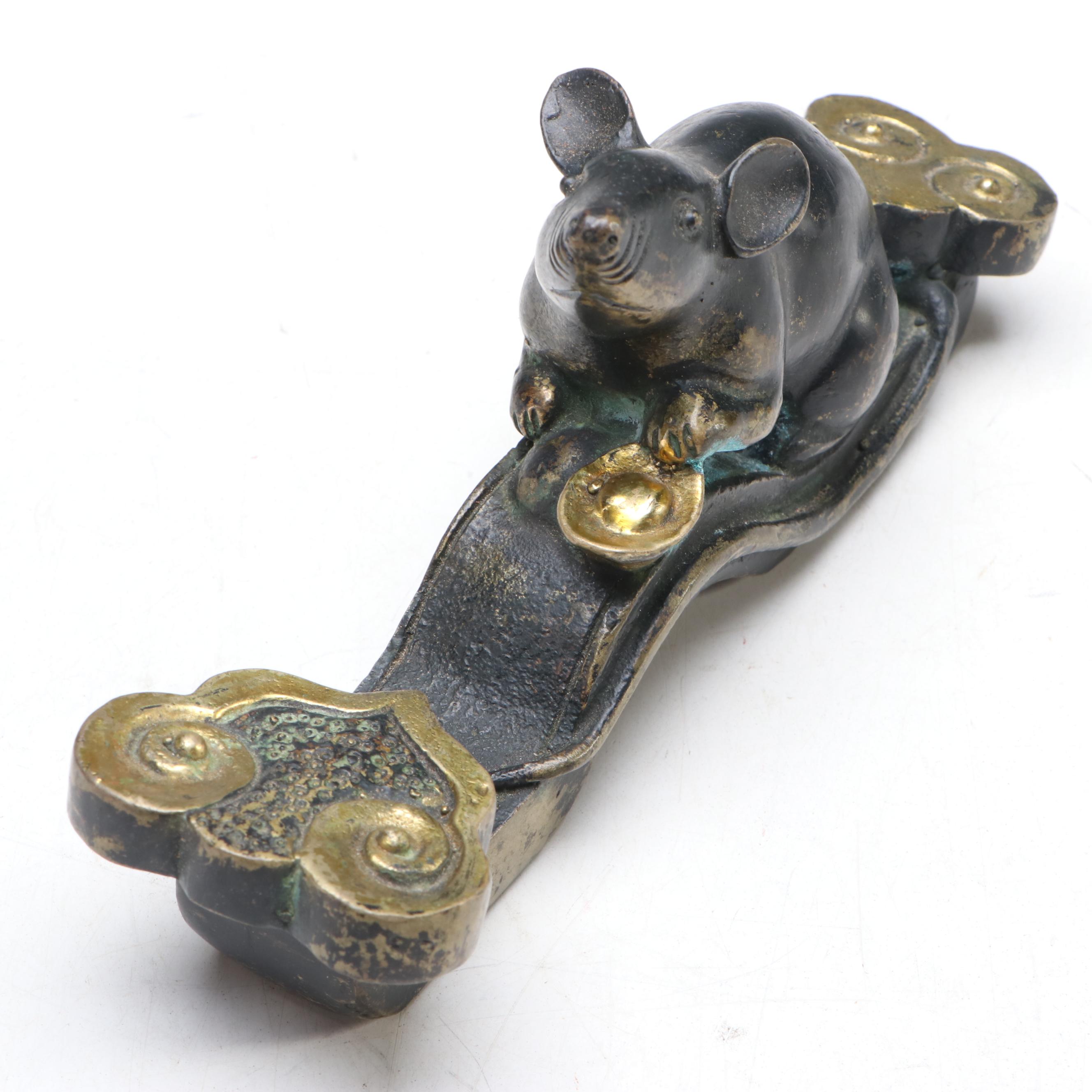 Chinese Bronze Rat Figure with Ingot on Ruyi Scepter