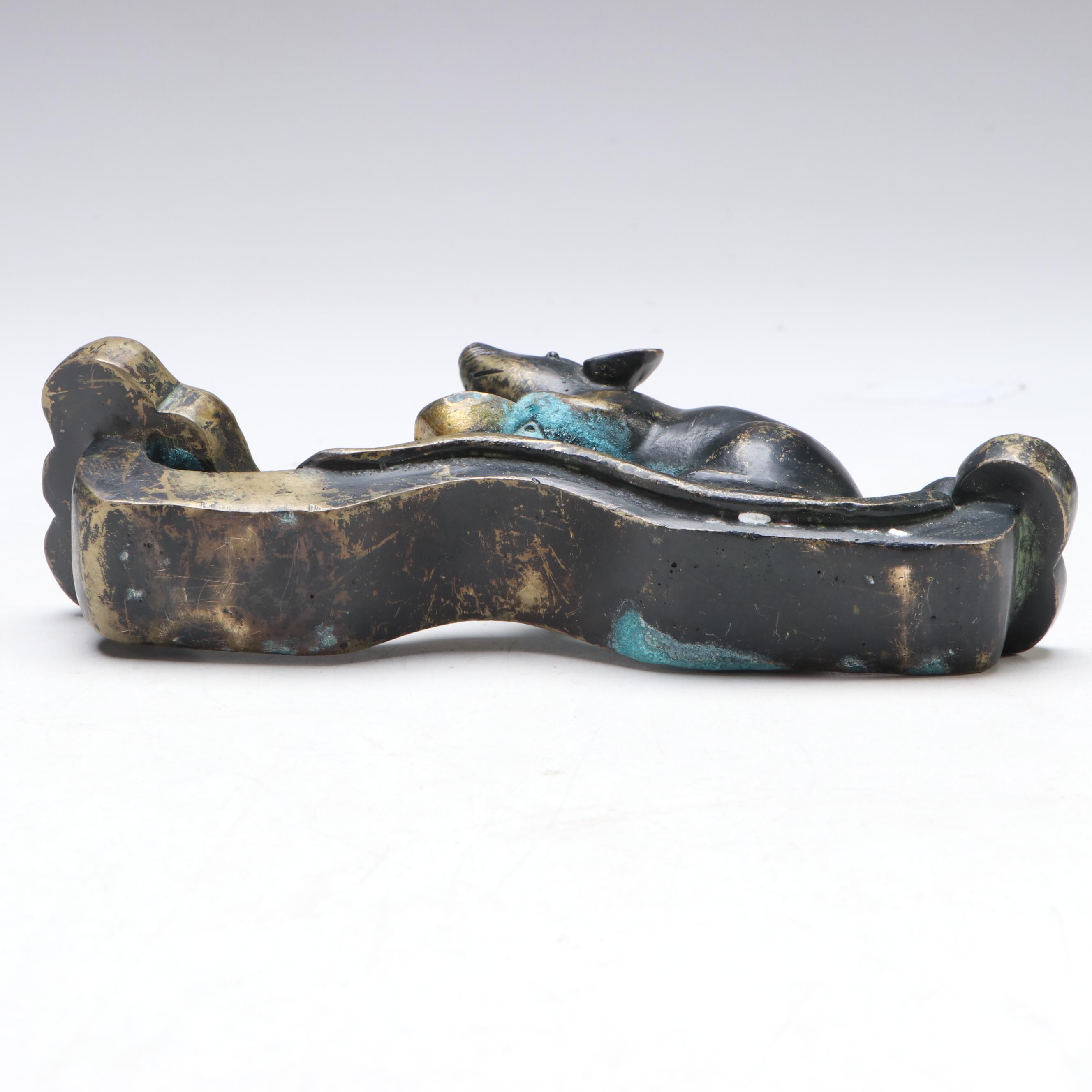 Chinese Bronze Rat Figure with Ingot on Ruyi Scepter