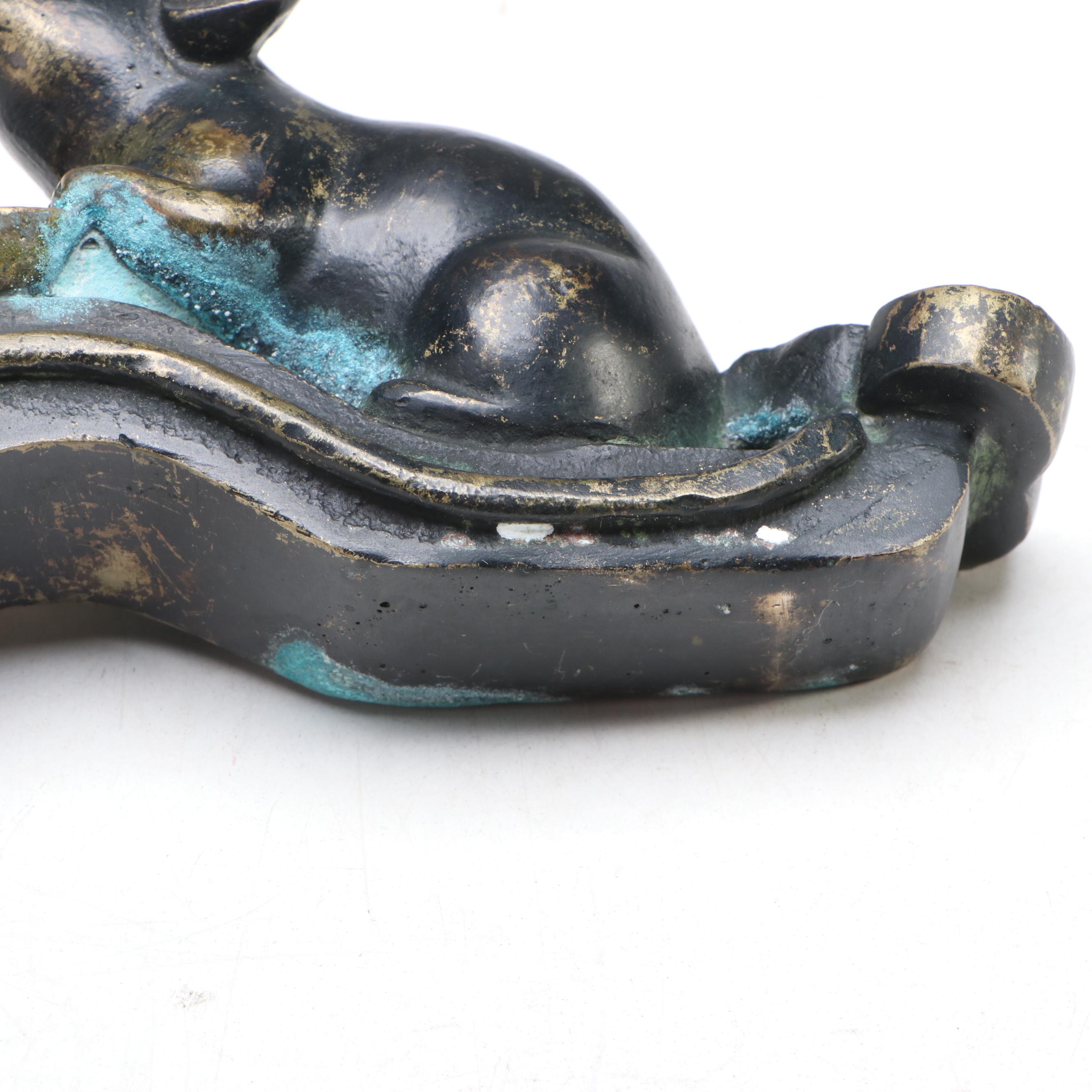 Chinese Bronze Rat Figure with Ingot on Ruyi Scepter