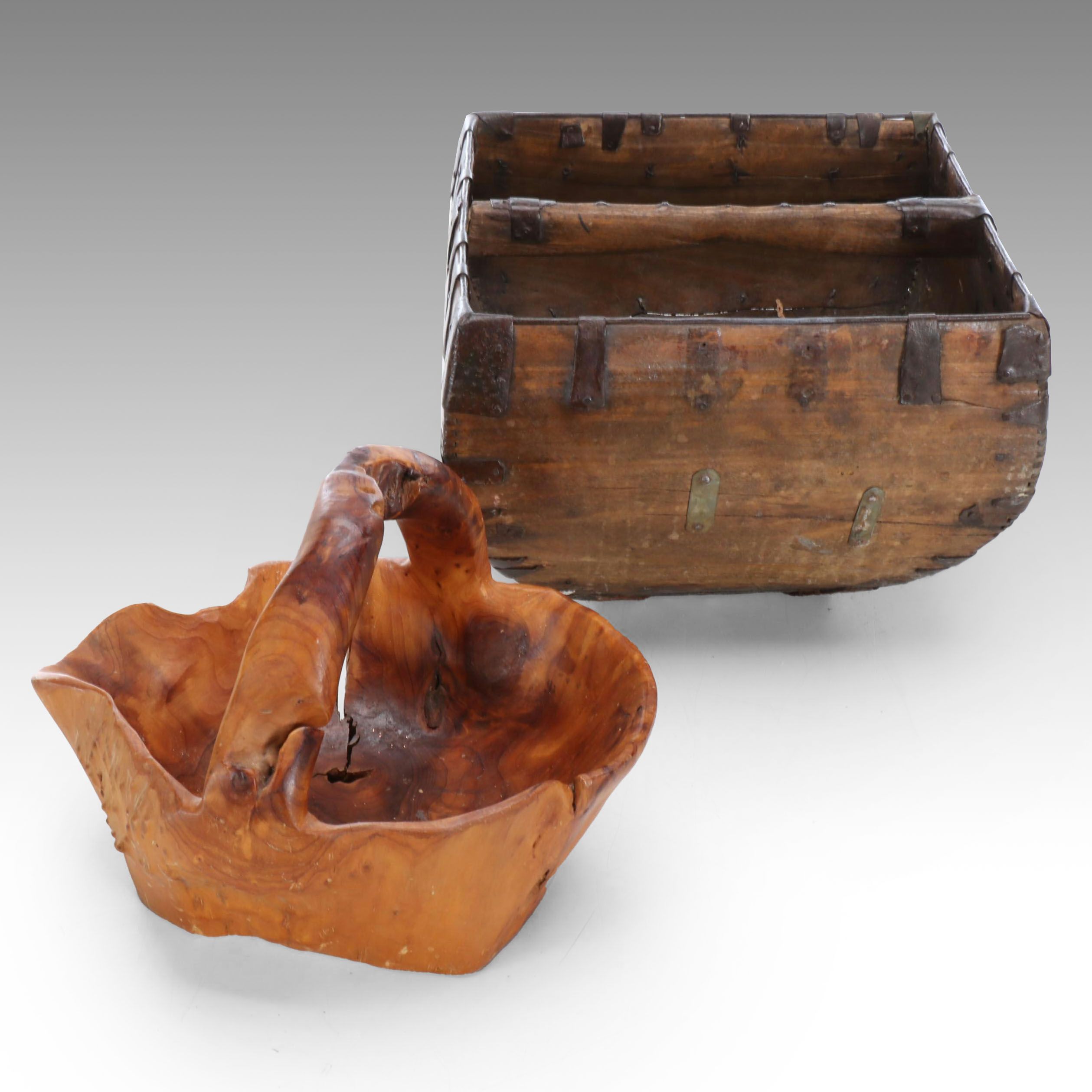 Chinese Wooden Grain Bucket with Burl Carved Basket