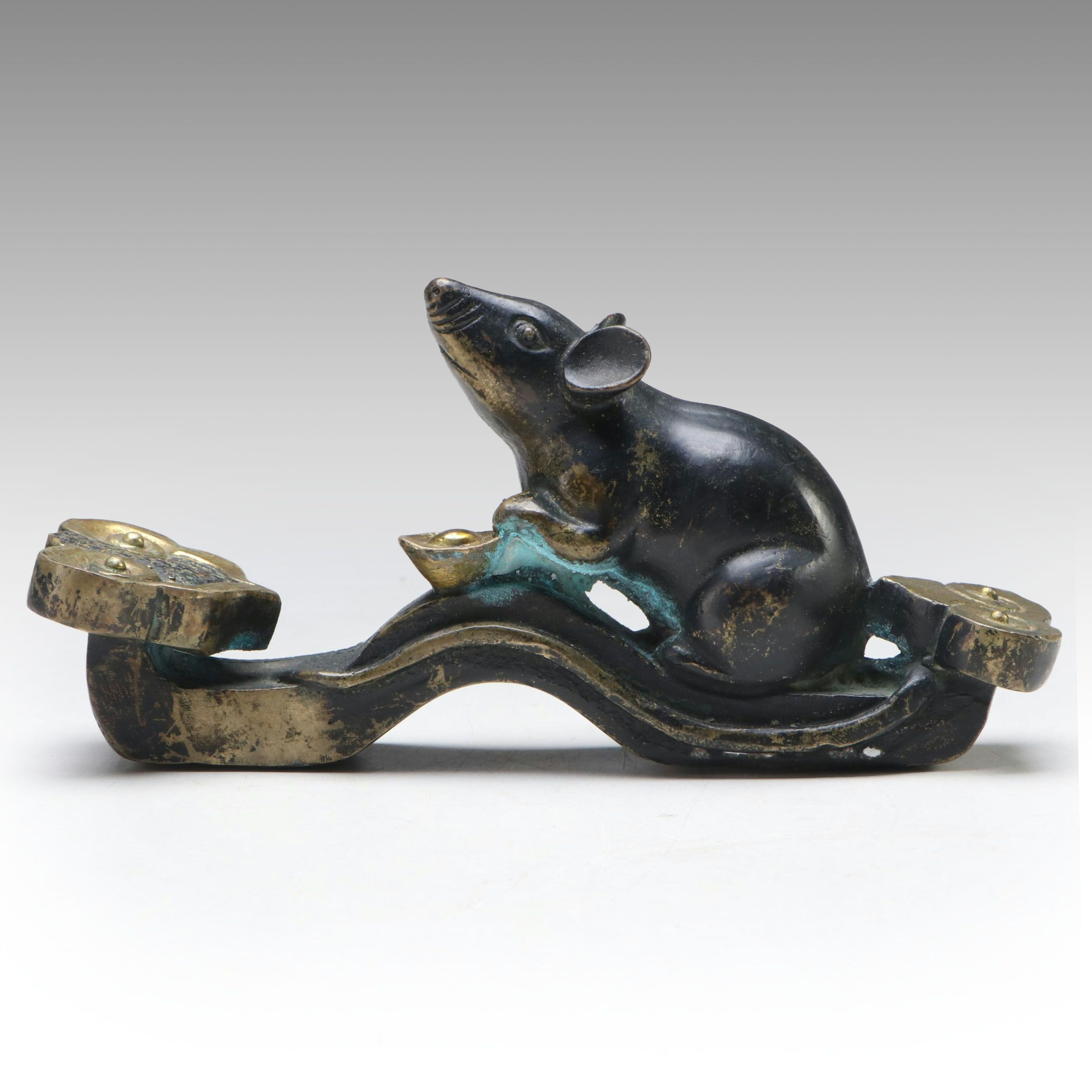 Chinese Bronze Rat Figure with Ingot on Ruyi Scepter
