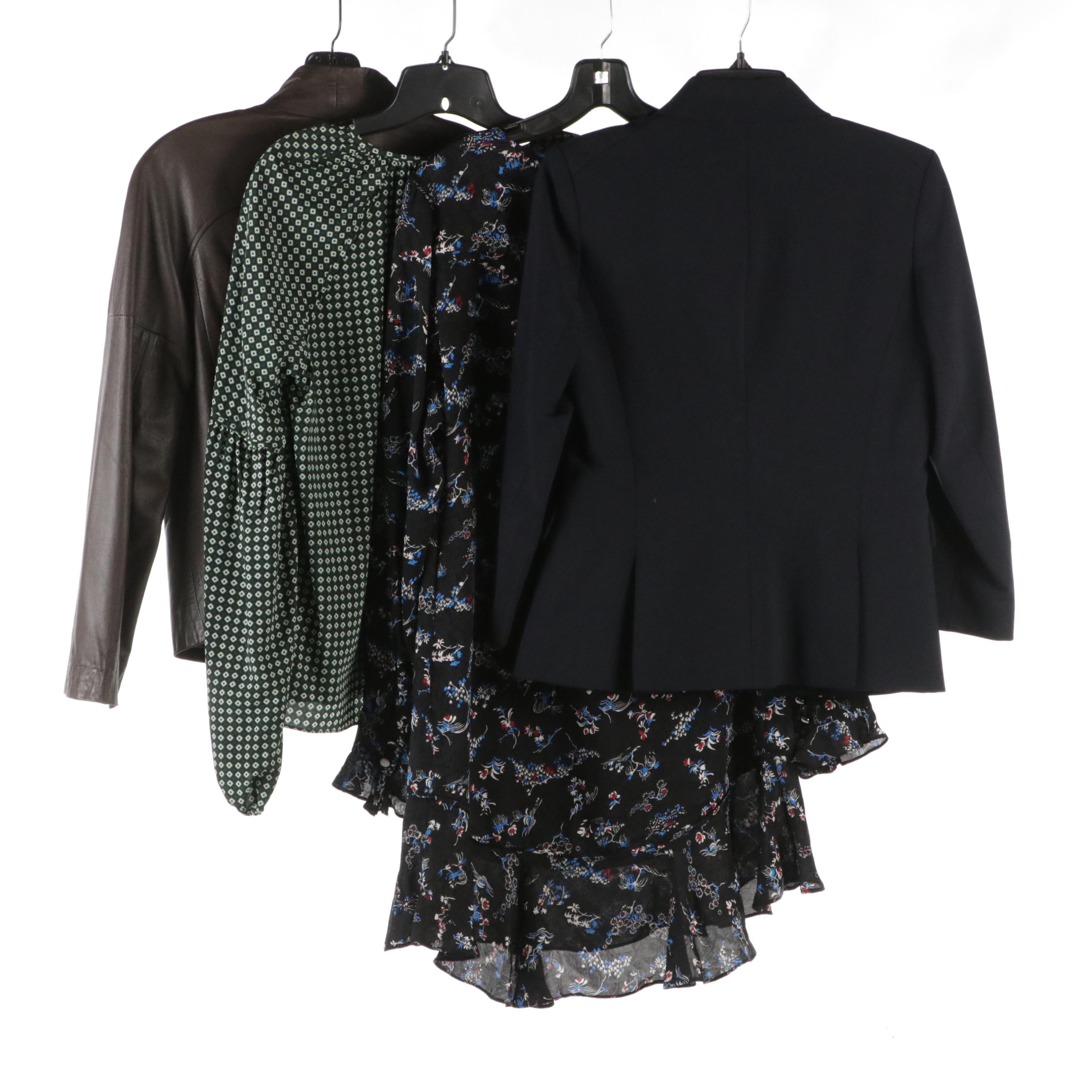 Veronica Beard and Theory Blazer, Silk Dress, Blouse, and Leather Jacket