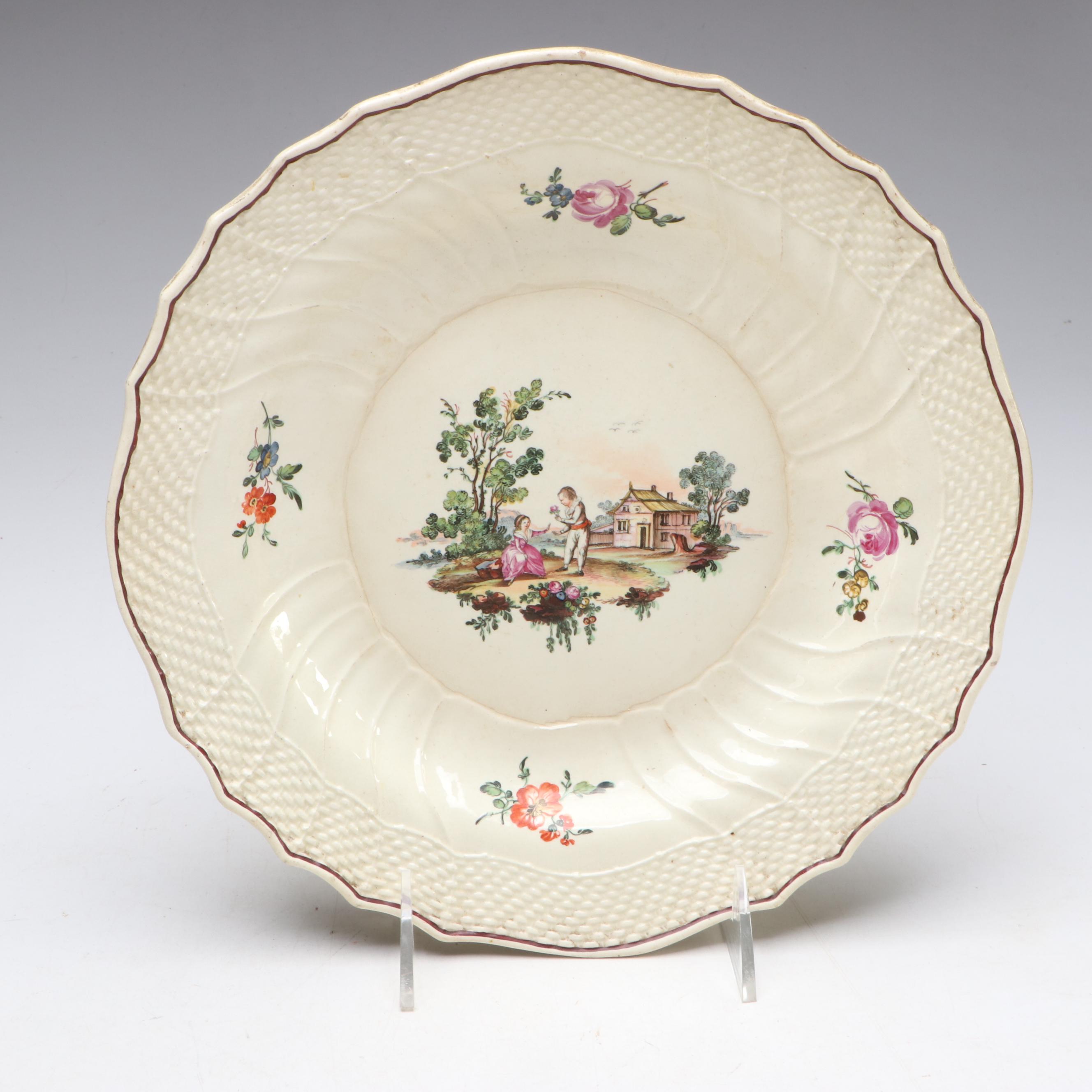 European Faïence Hand-Painted Soup Plates with Molded Basketweave Border