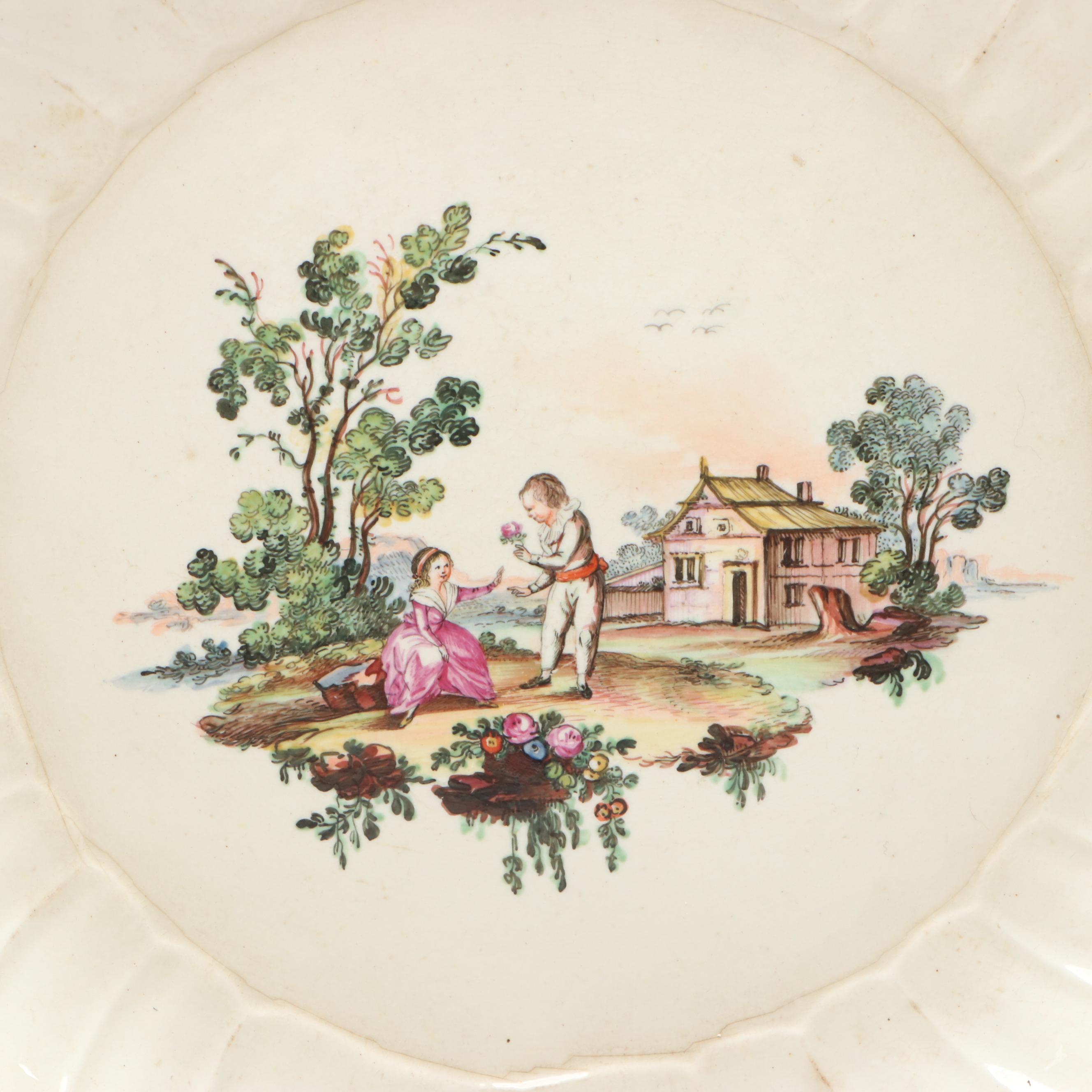 European Faïence Hand-Painted Soup Plates with Molded Basketweave Border