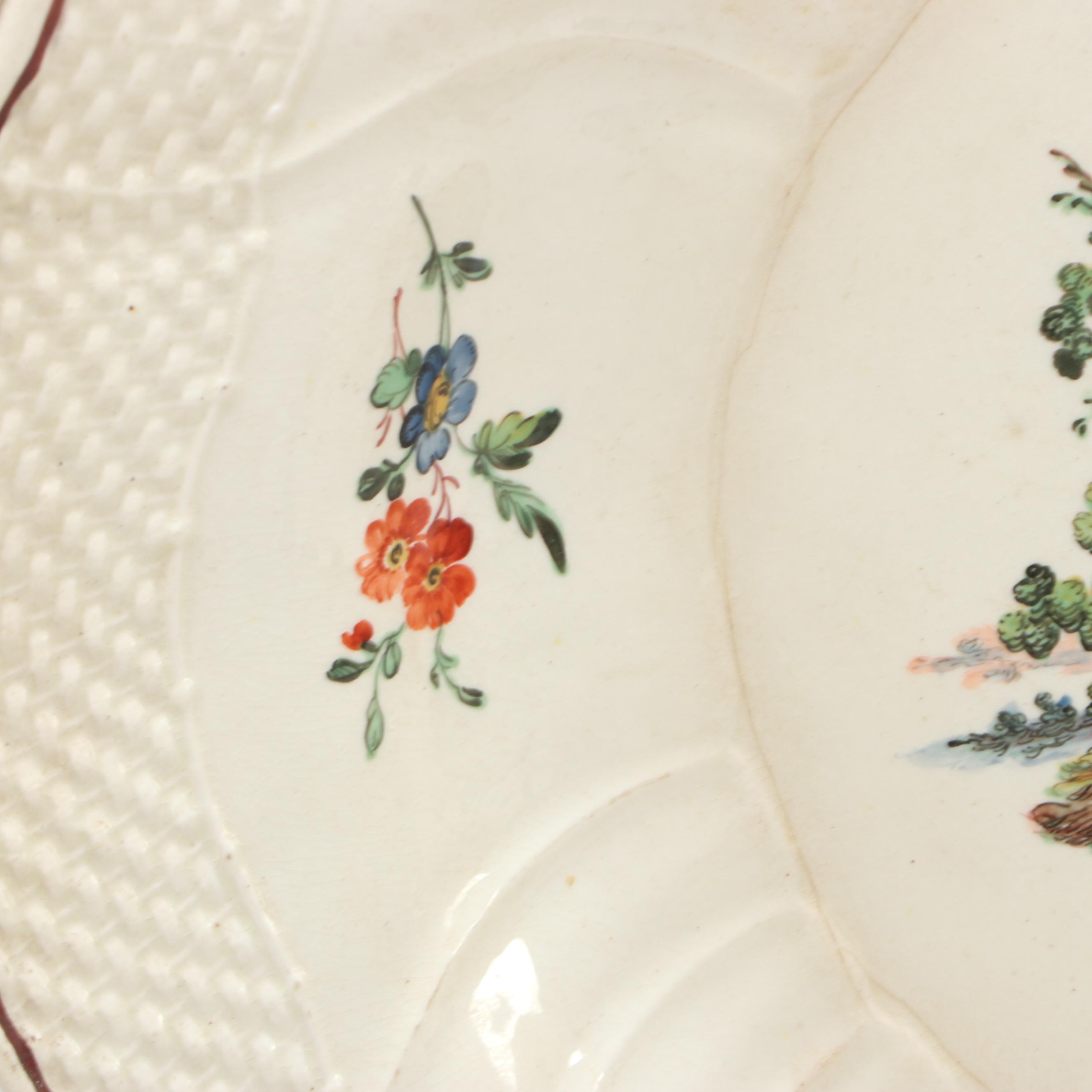 European Faïence Hand-Painted Soup Plates with Molded Basketweave Border