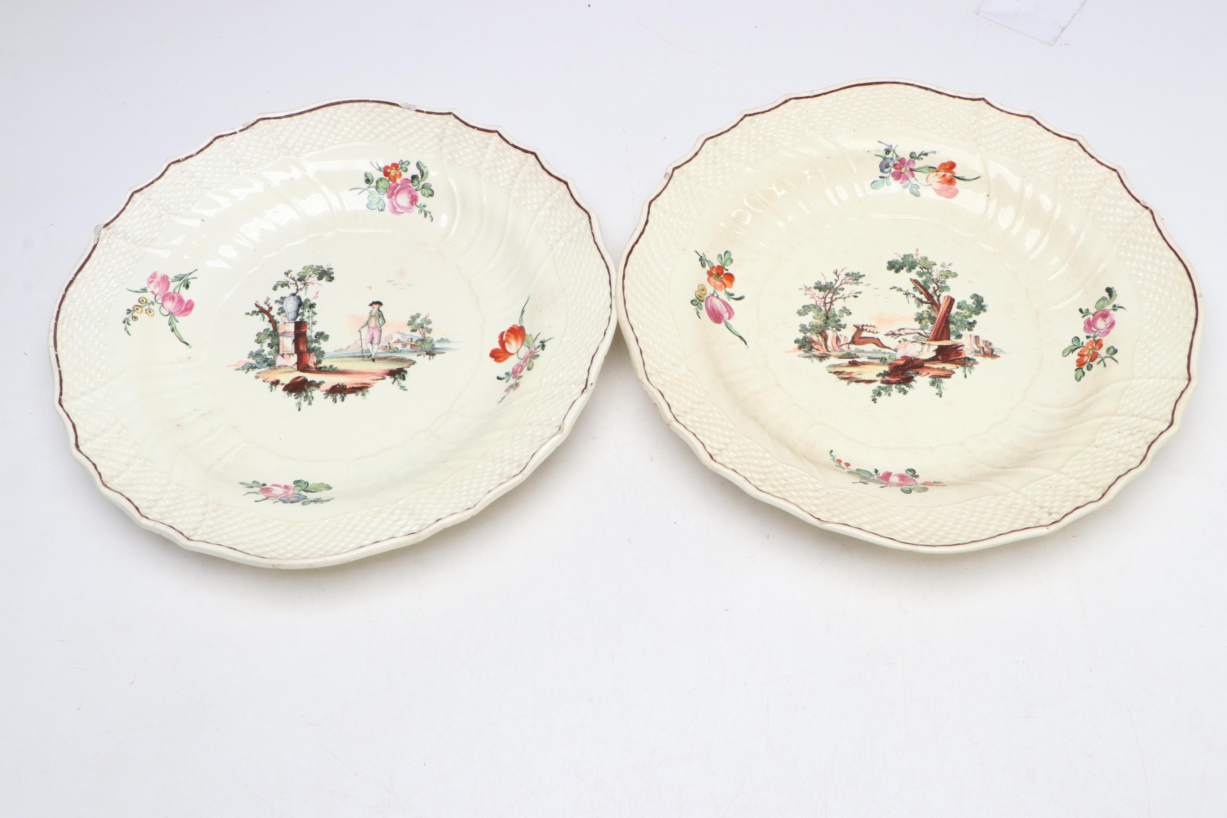 European Faïence Hand-Painted Soup Plates with Molded Basketweave Border