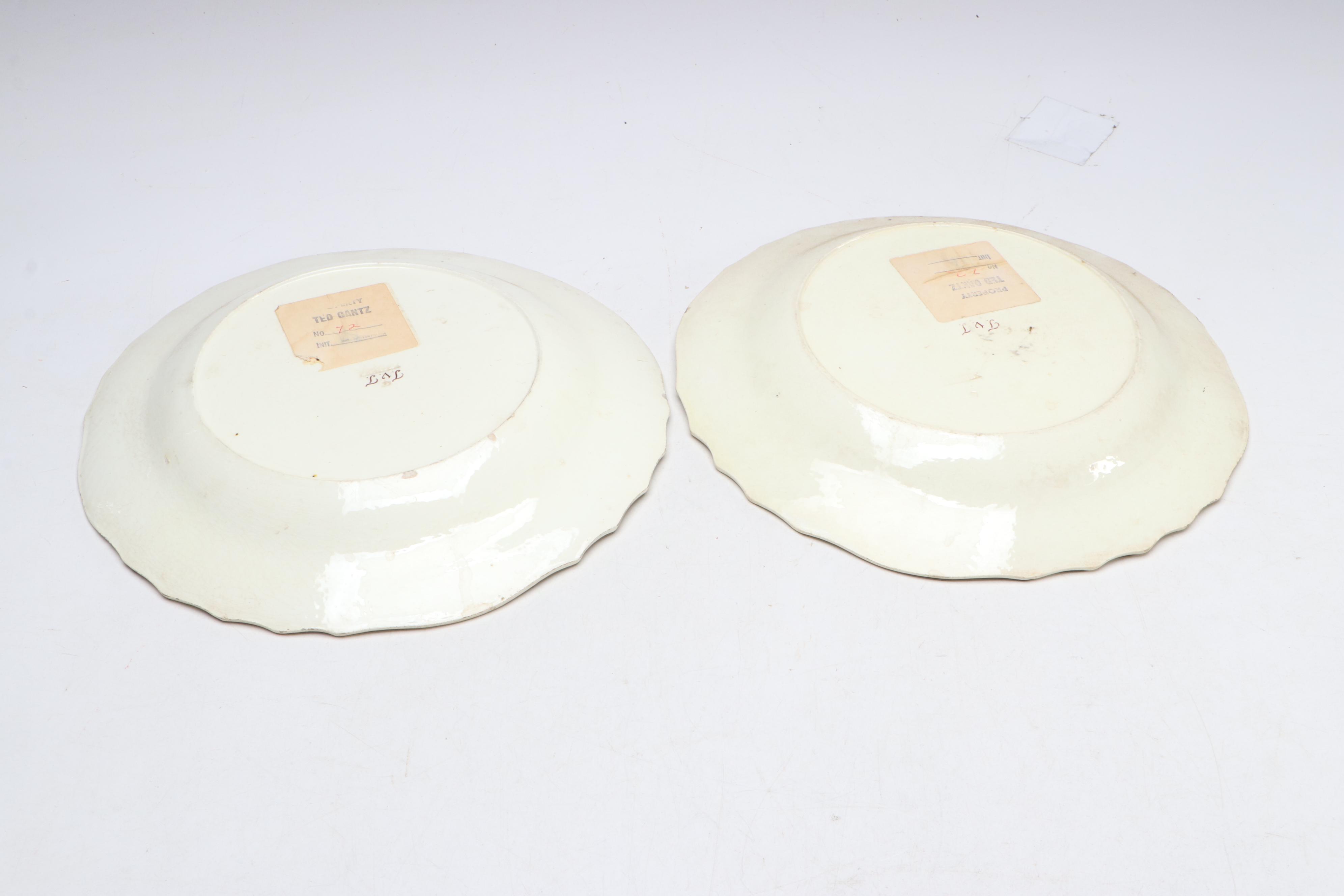 European Faïence Hand-Painted Soup Plates with Molded Basketweave Border