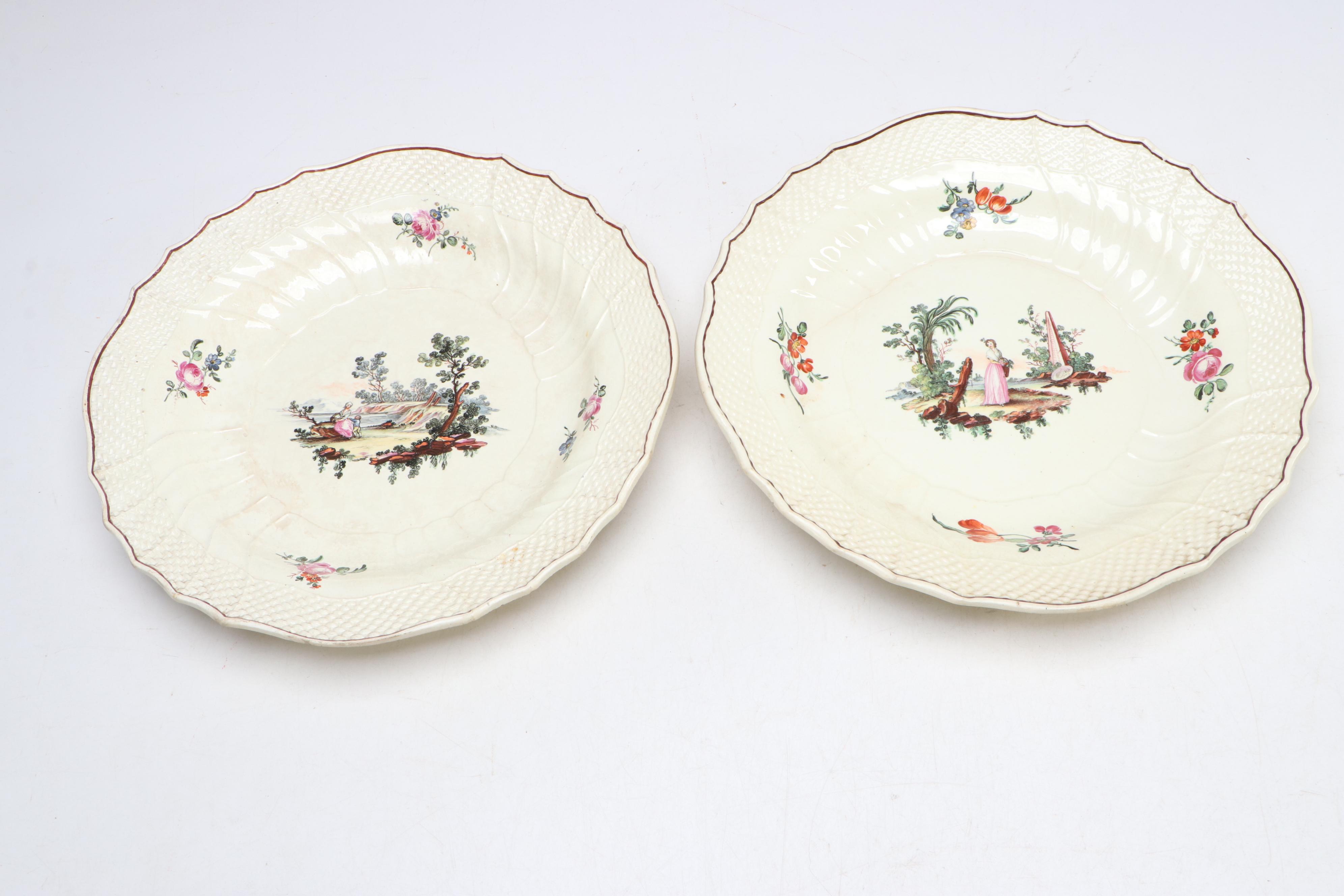 European Faïence Hand-Painted Soup Plates with Molded Basketweave Border