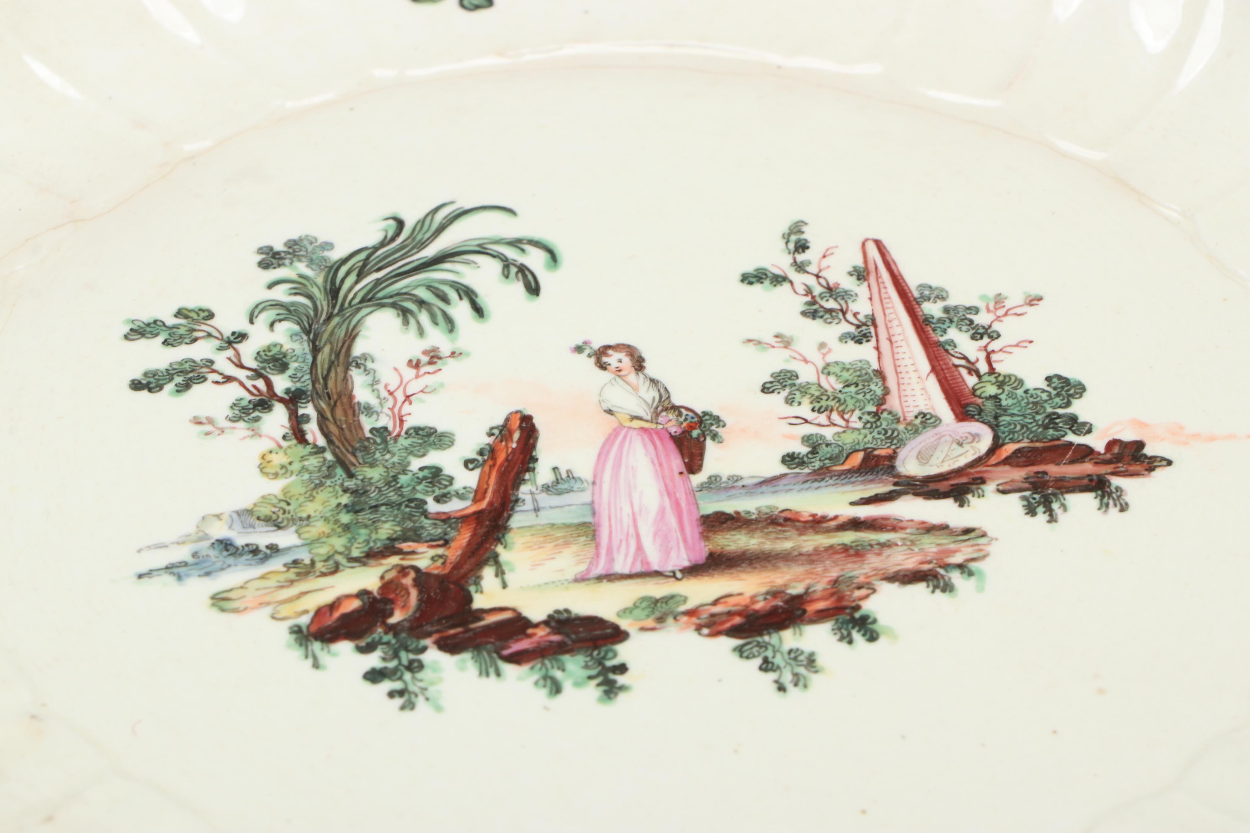 European Faïence Hand-Painted Soup Plates with Molded Basketweave Border