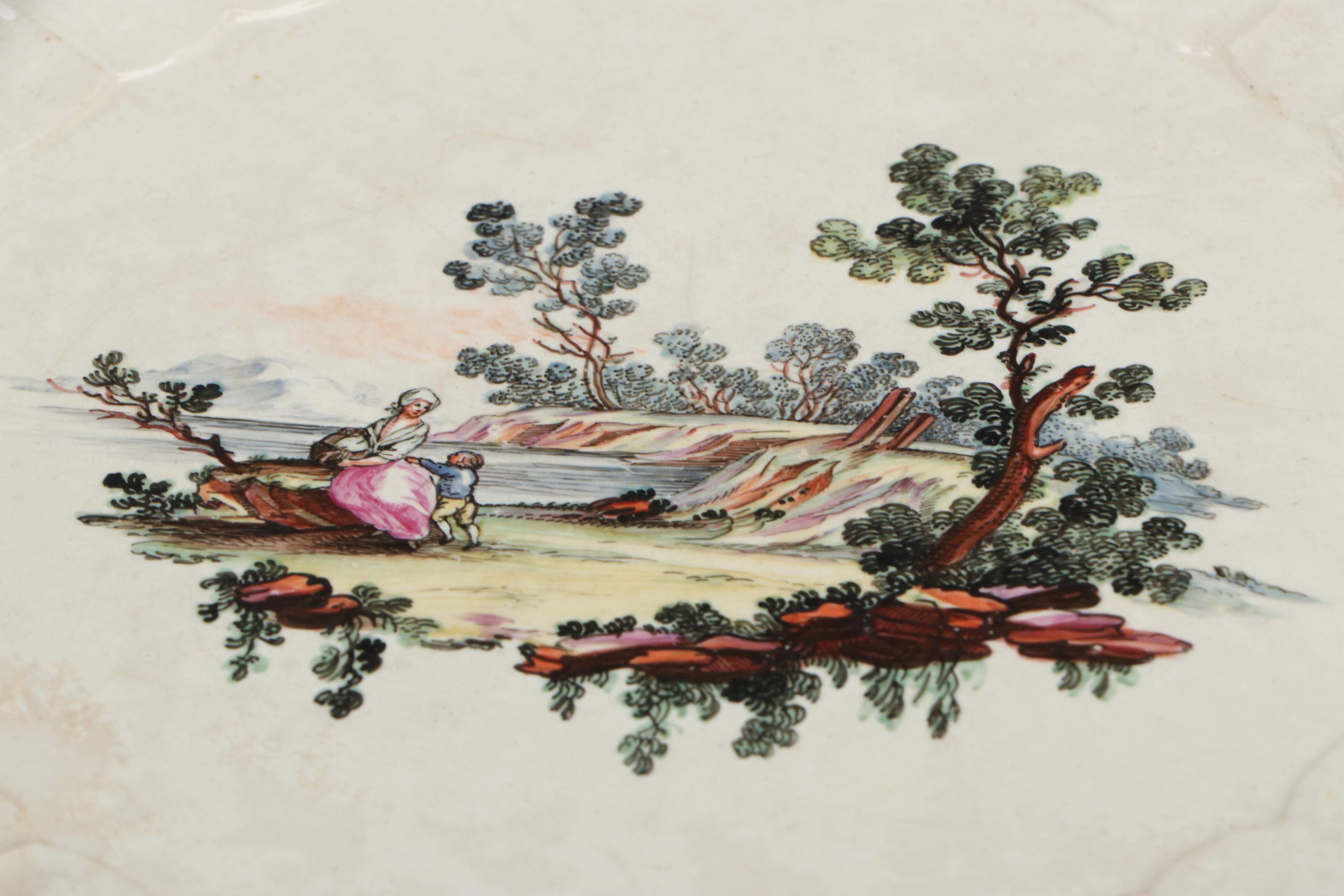 European Faïence Hand-Painted Soup Plates with Molded Basketweave Border