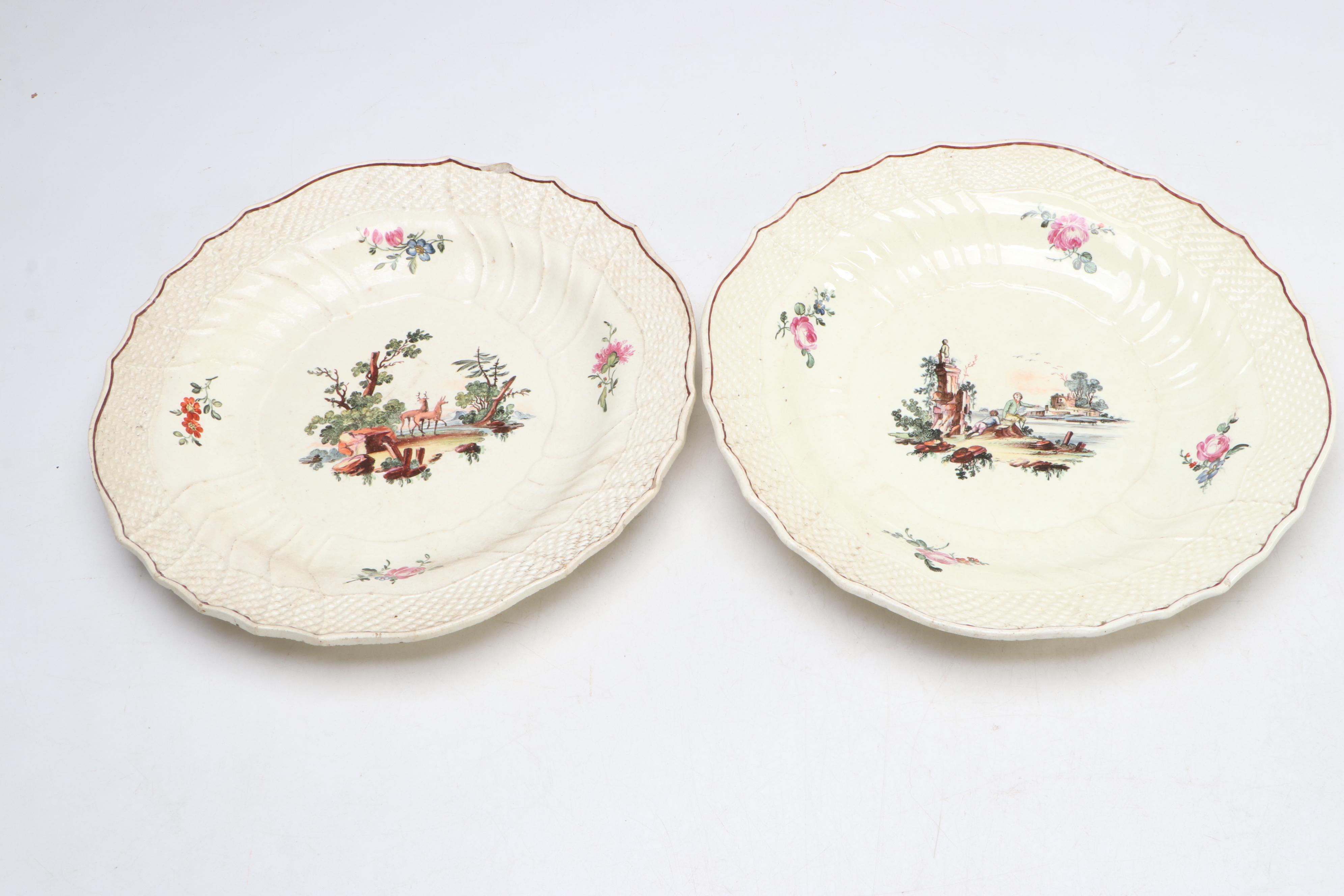 European Faïence Hand-Painted Soup Plates with Molded Basketweave Border