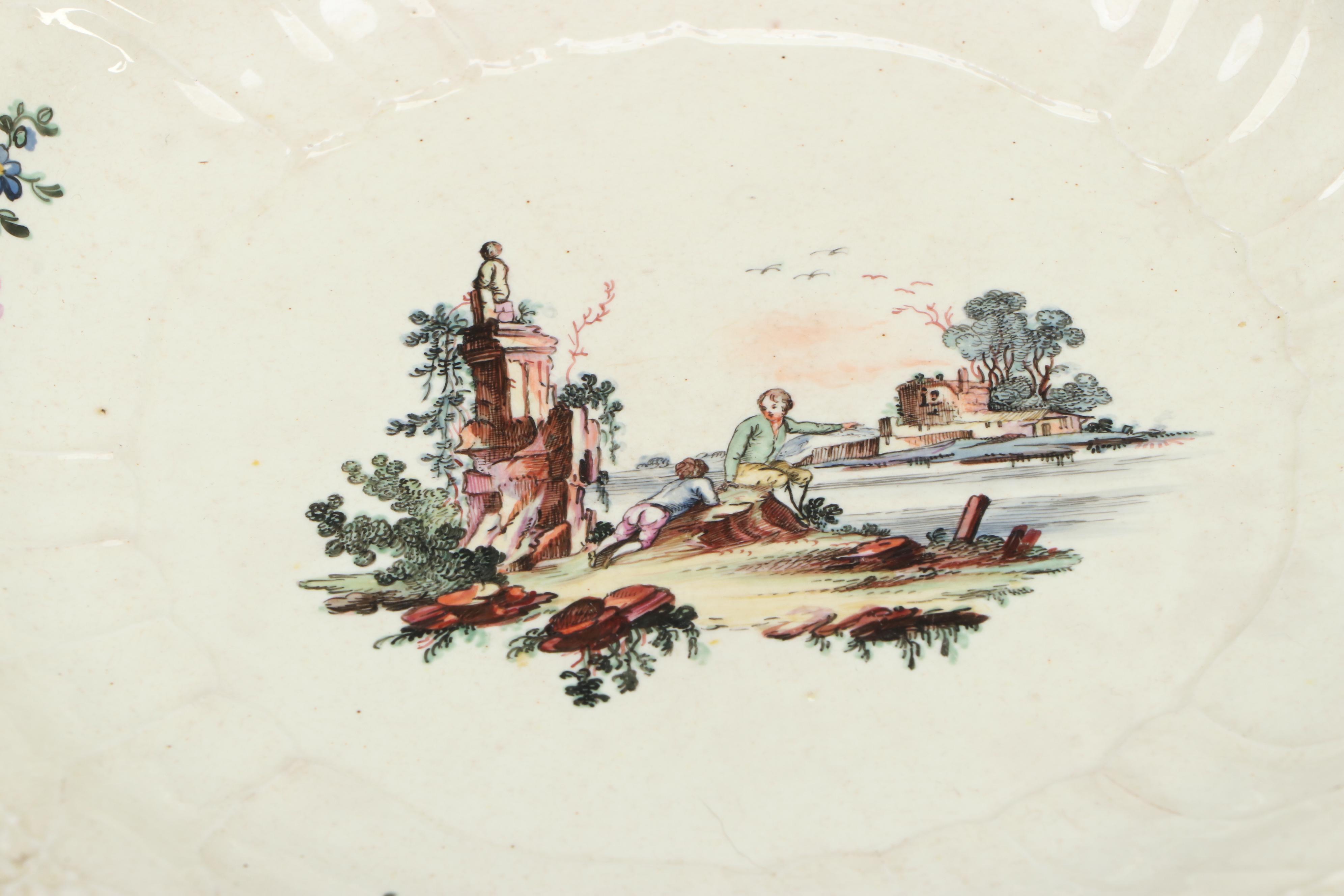 European Faïence Hand-Painted Soup Plates with Molded Basketweave Border