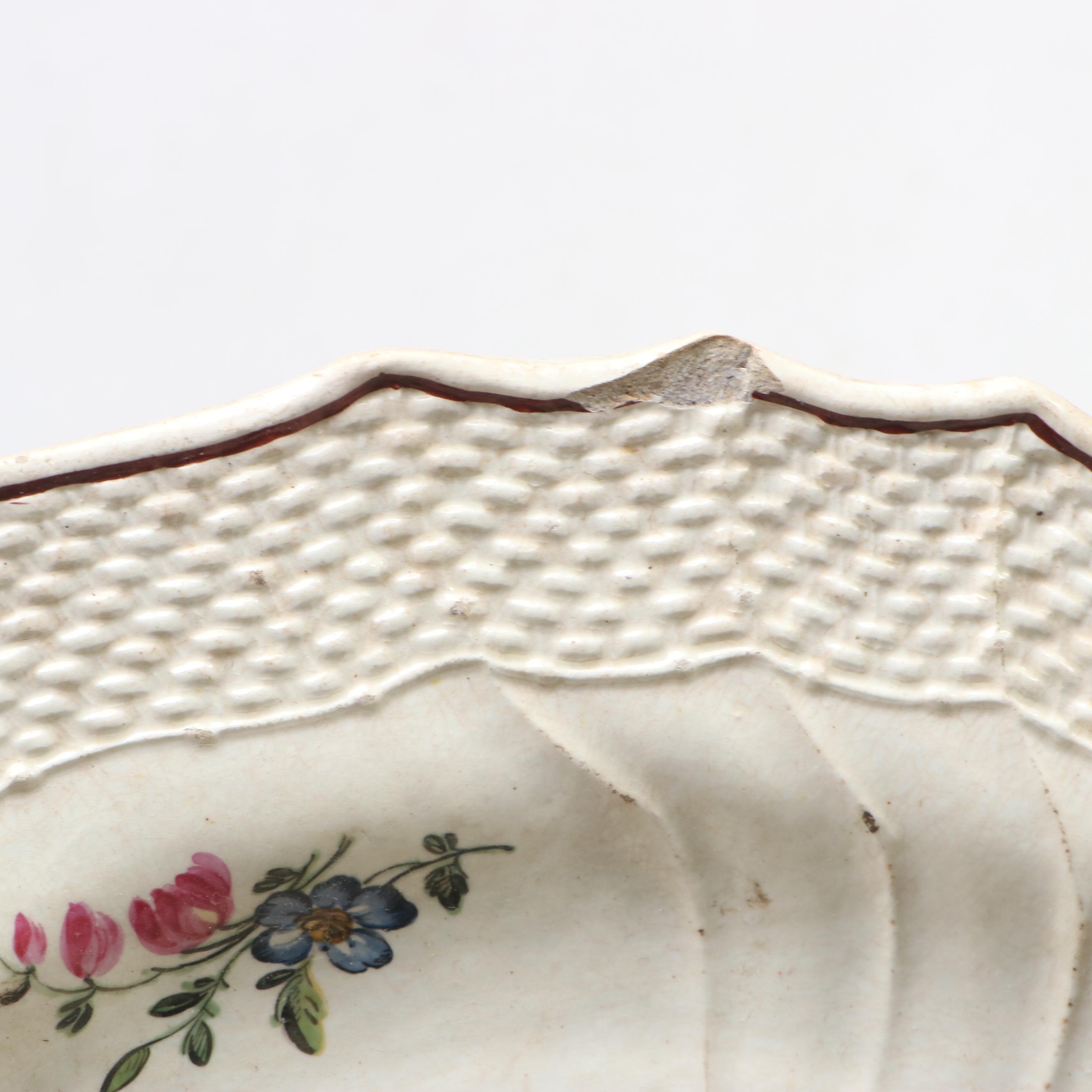 European Faïence Hand-Painted Soup Plates with Molded Basketweave Border