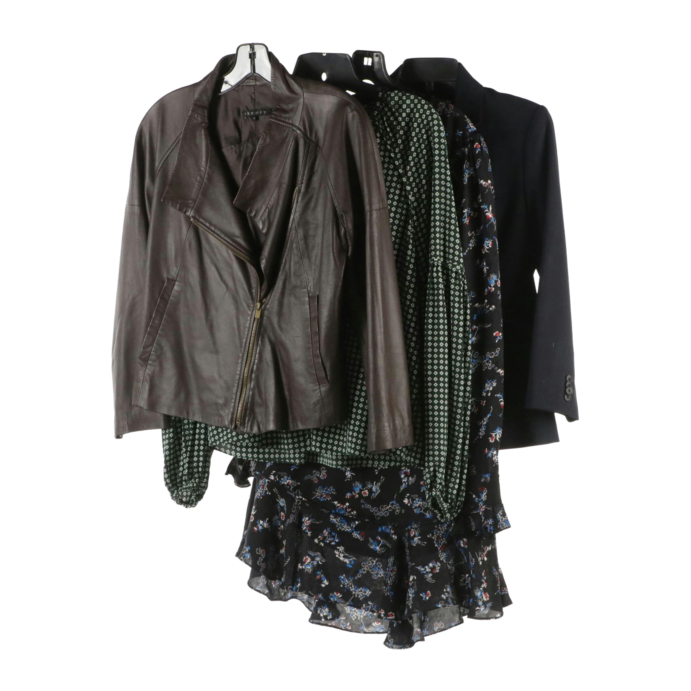 Veronica Beard and Theory Blazer, Silk Dress, Blouse, and Leather Jacket