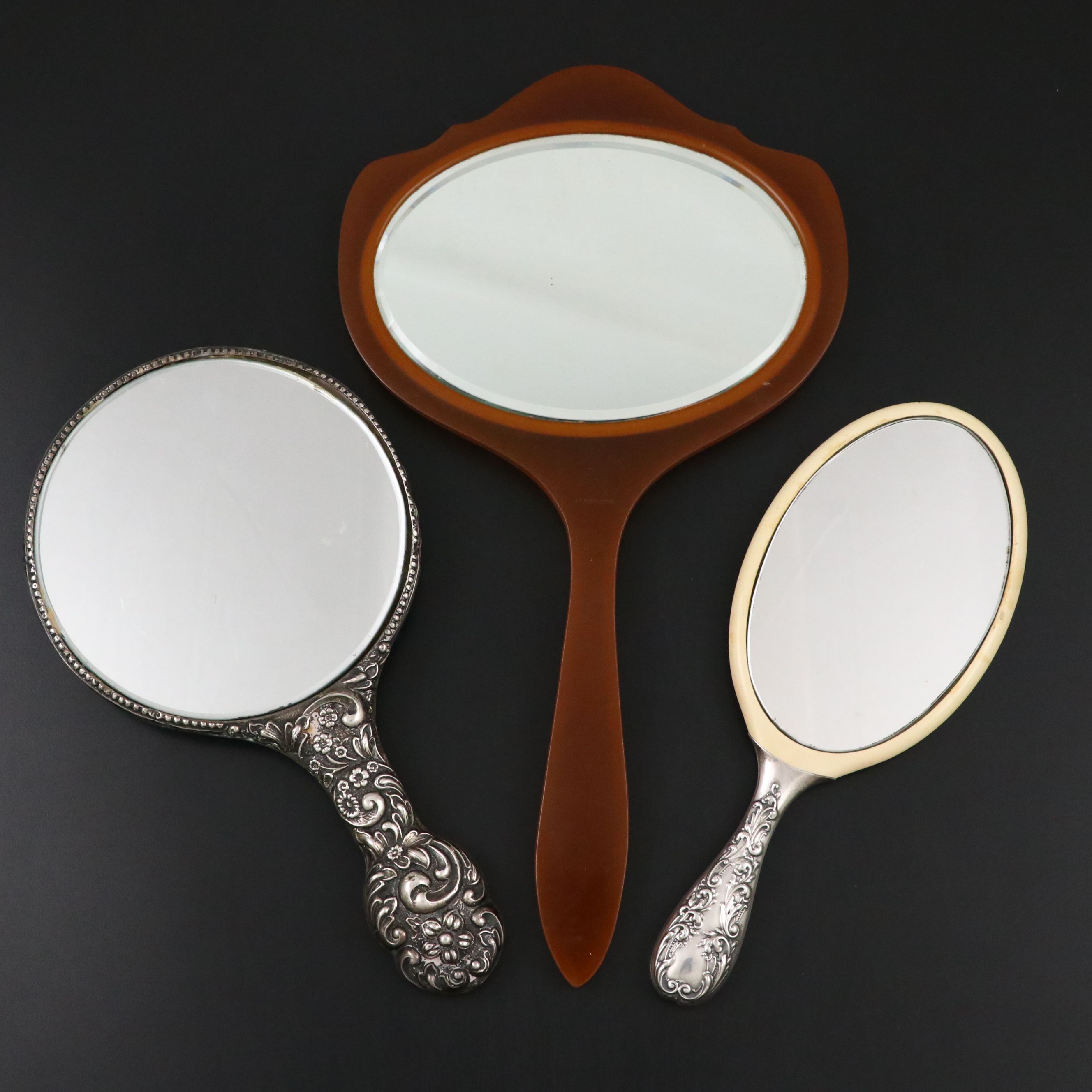 La Coquette Celluloid Mirror with Sterling Silver Hand Mirrors