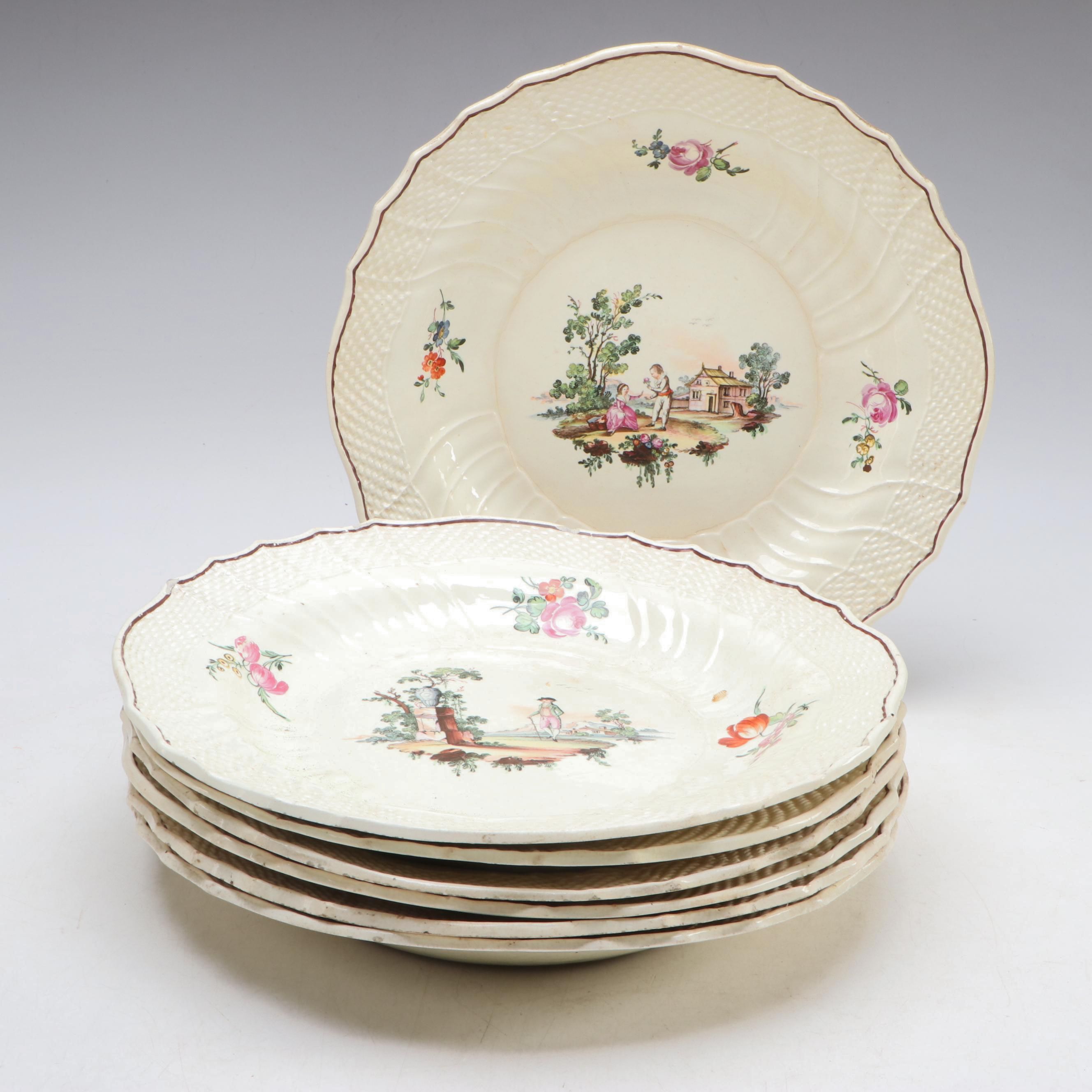 European Faïence Hand-Painted Soup Plates with Molded Basketweave Border