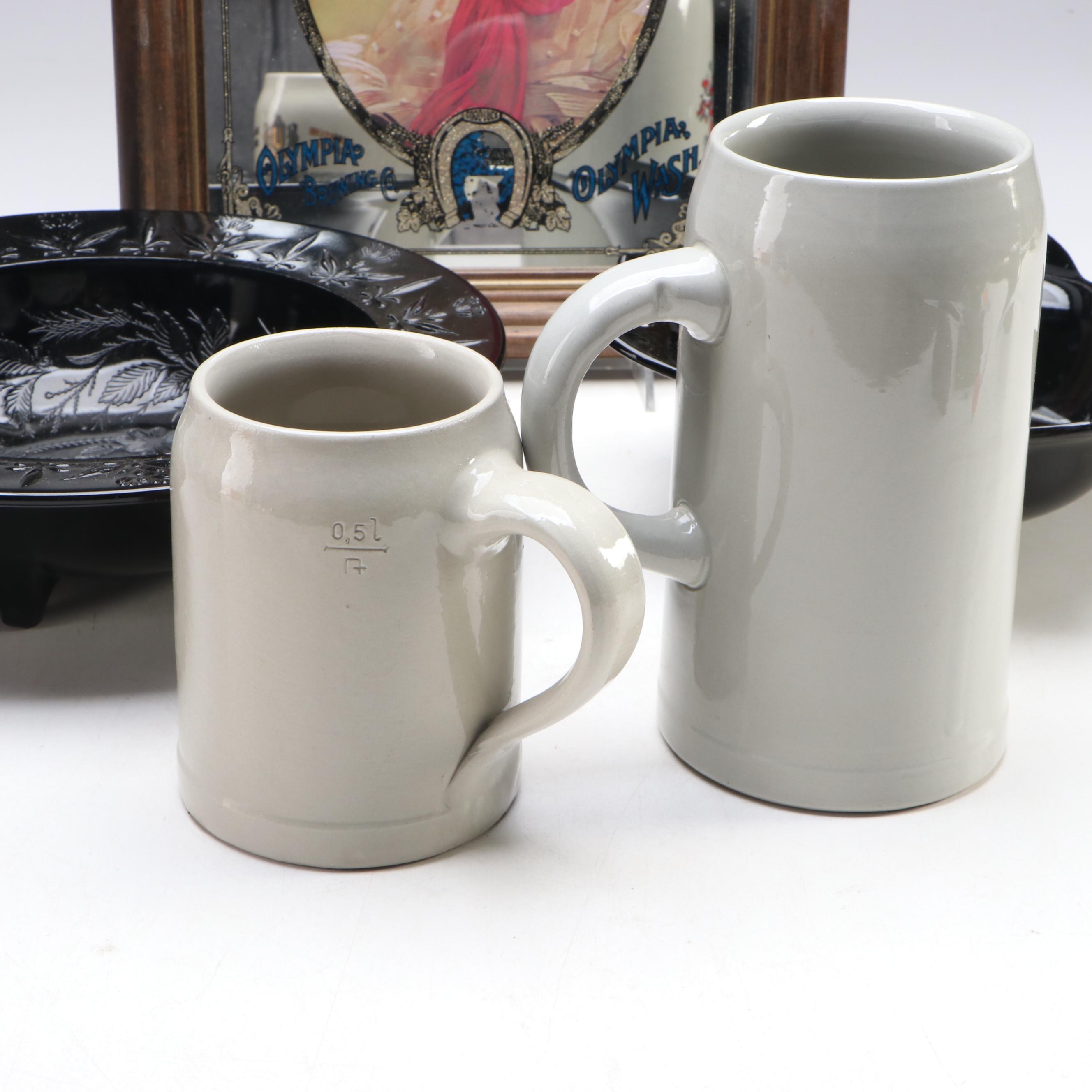 US Glass "Rose and Thorn" and Other Bowls With German Steins and More Breweriana