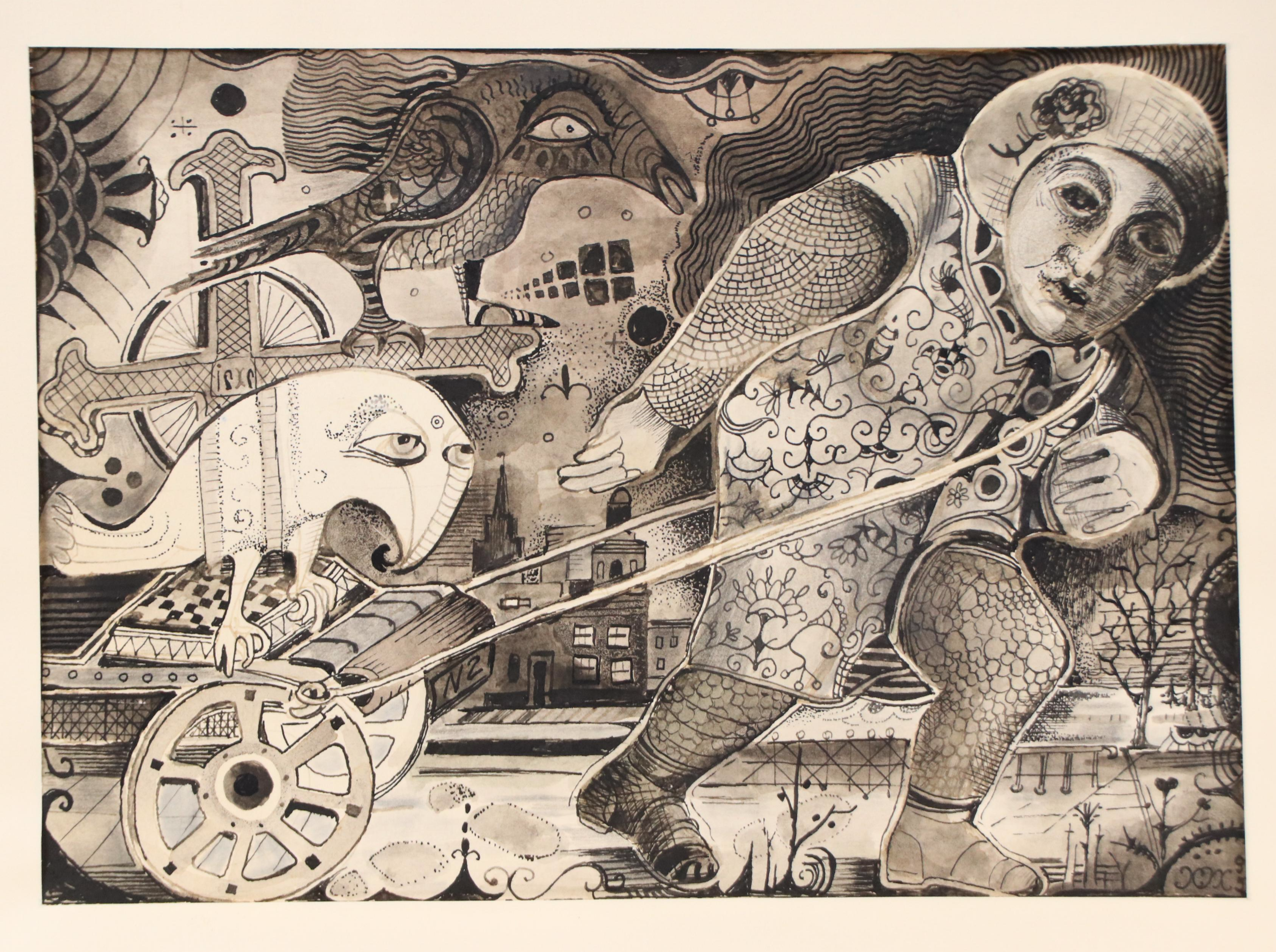 Nikolay Manuylov "Kuk" Drawing of Man Pulling Wagon, 1995
