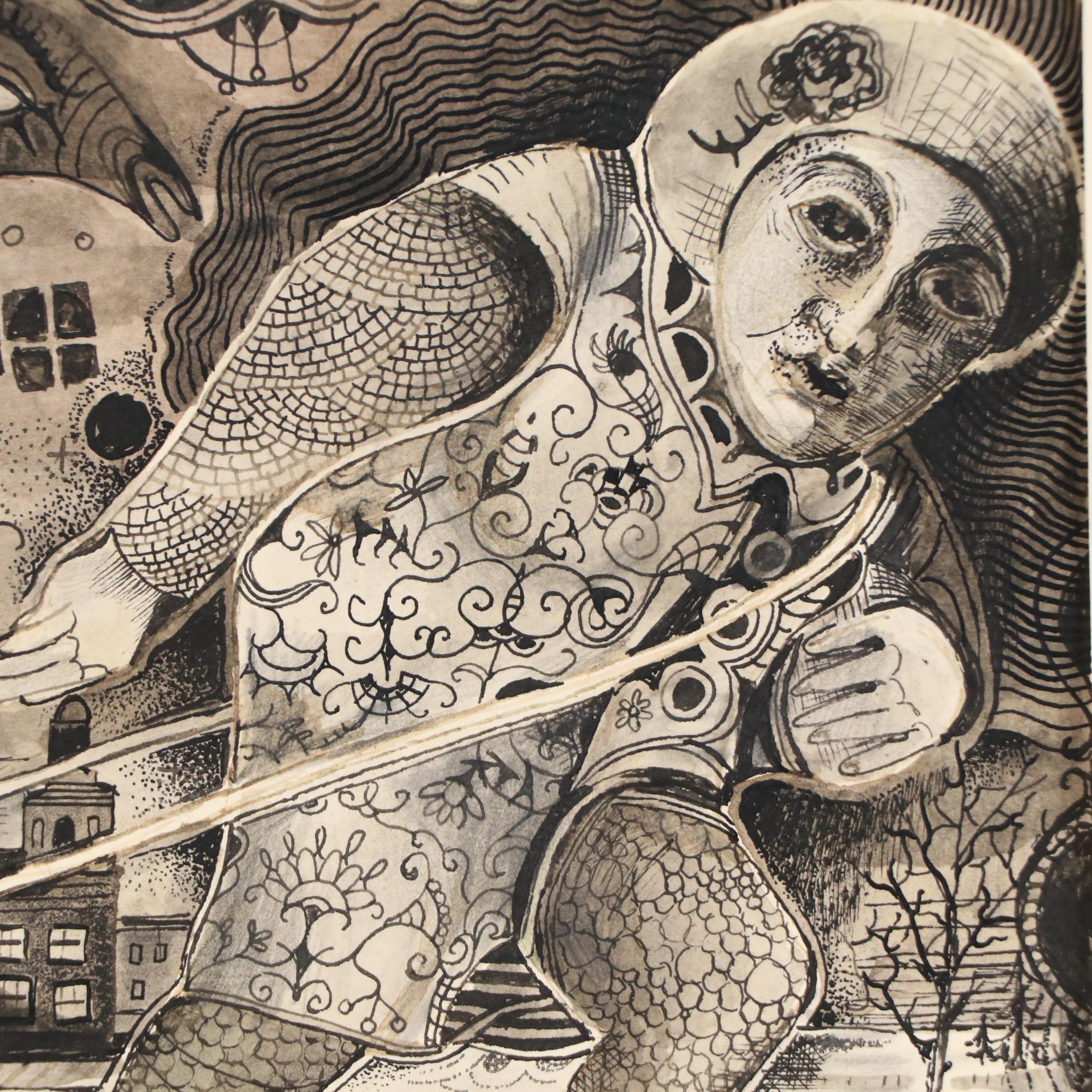 Nikolay Manuylov "Kuk" Drawing of Man Pulling Wagon, 1995