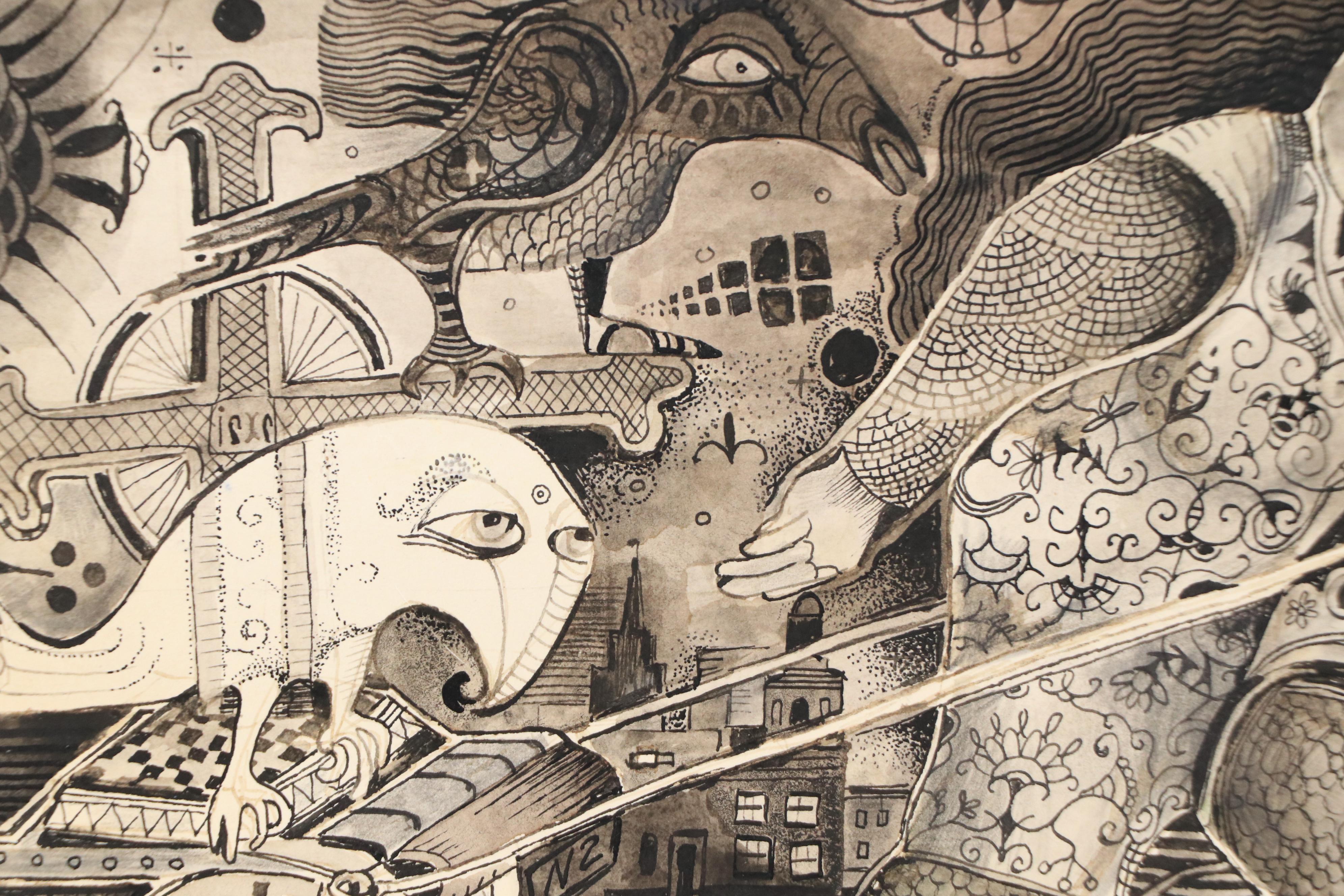 Nikolay Manuylov "Kuk" Drawing of Man Pulling Wagon, 1995