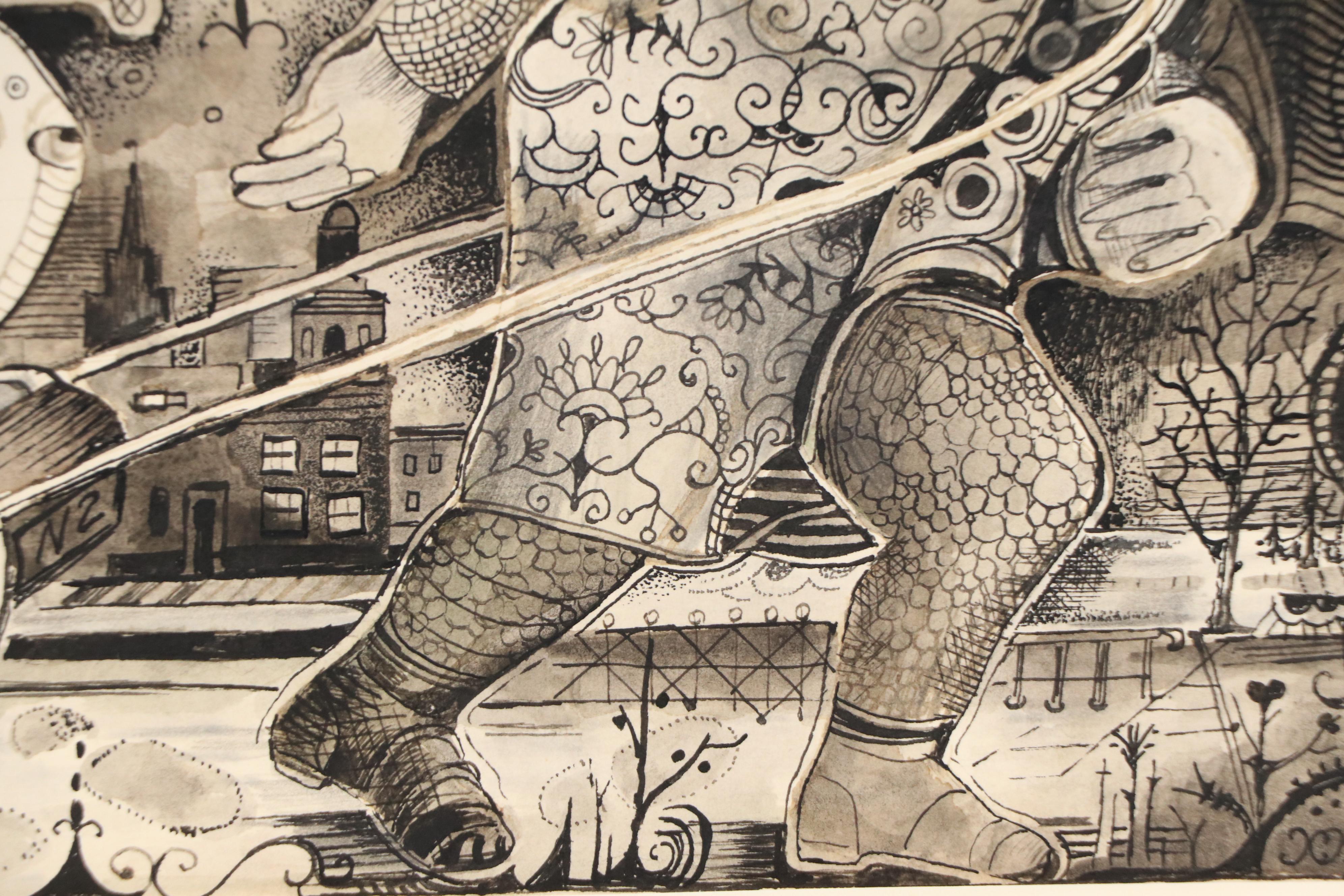 Nikolay Manuylov "Kuk" Drawing of Man Pulling Wagon, 1995