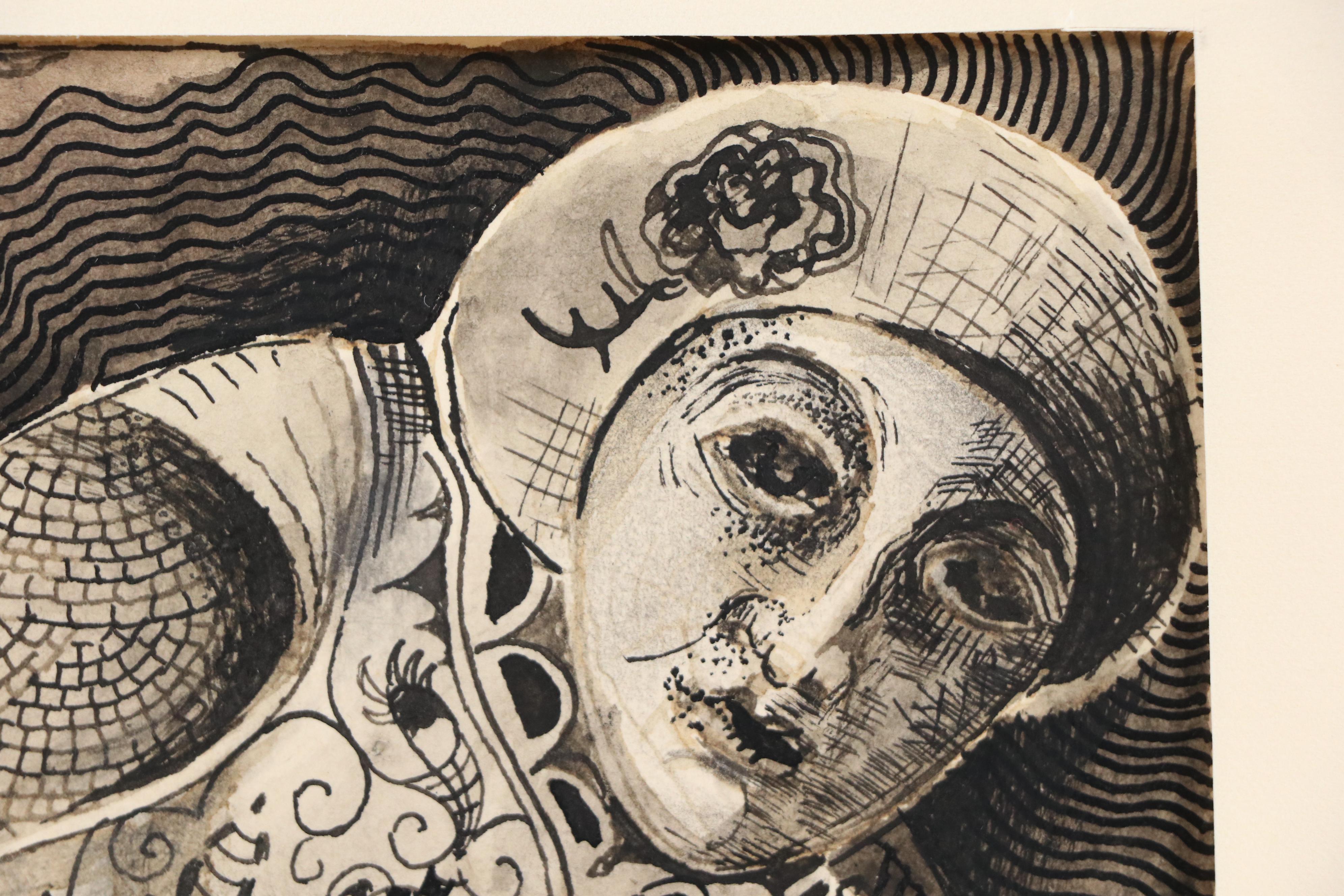 Nikolay Manuylov "Kuk" Drawing of Man Pulling Wagon, 1995