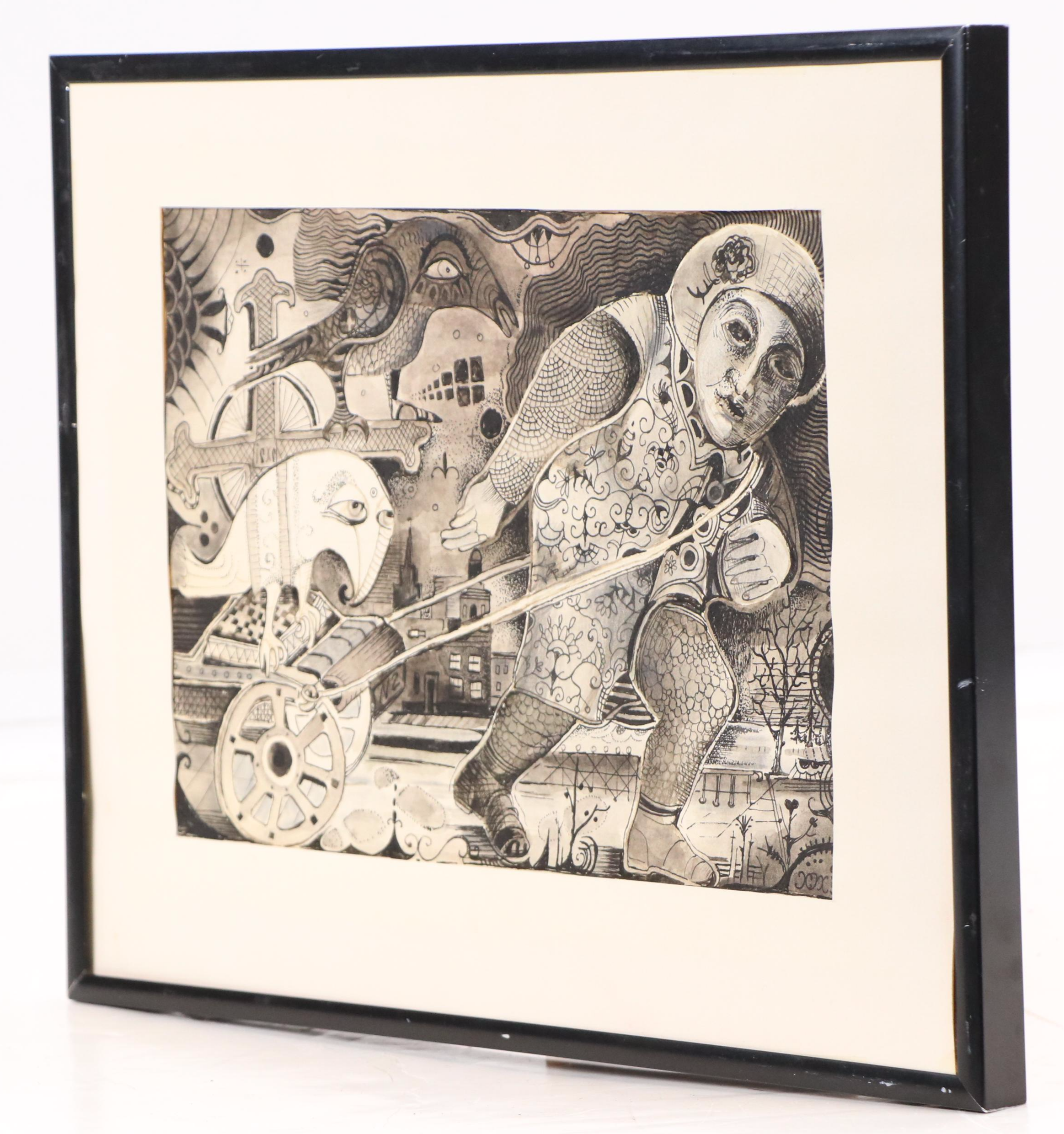 Nikolay Manuylov "Kuk" Drawing of Man Pulling Wagon, 1995