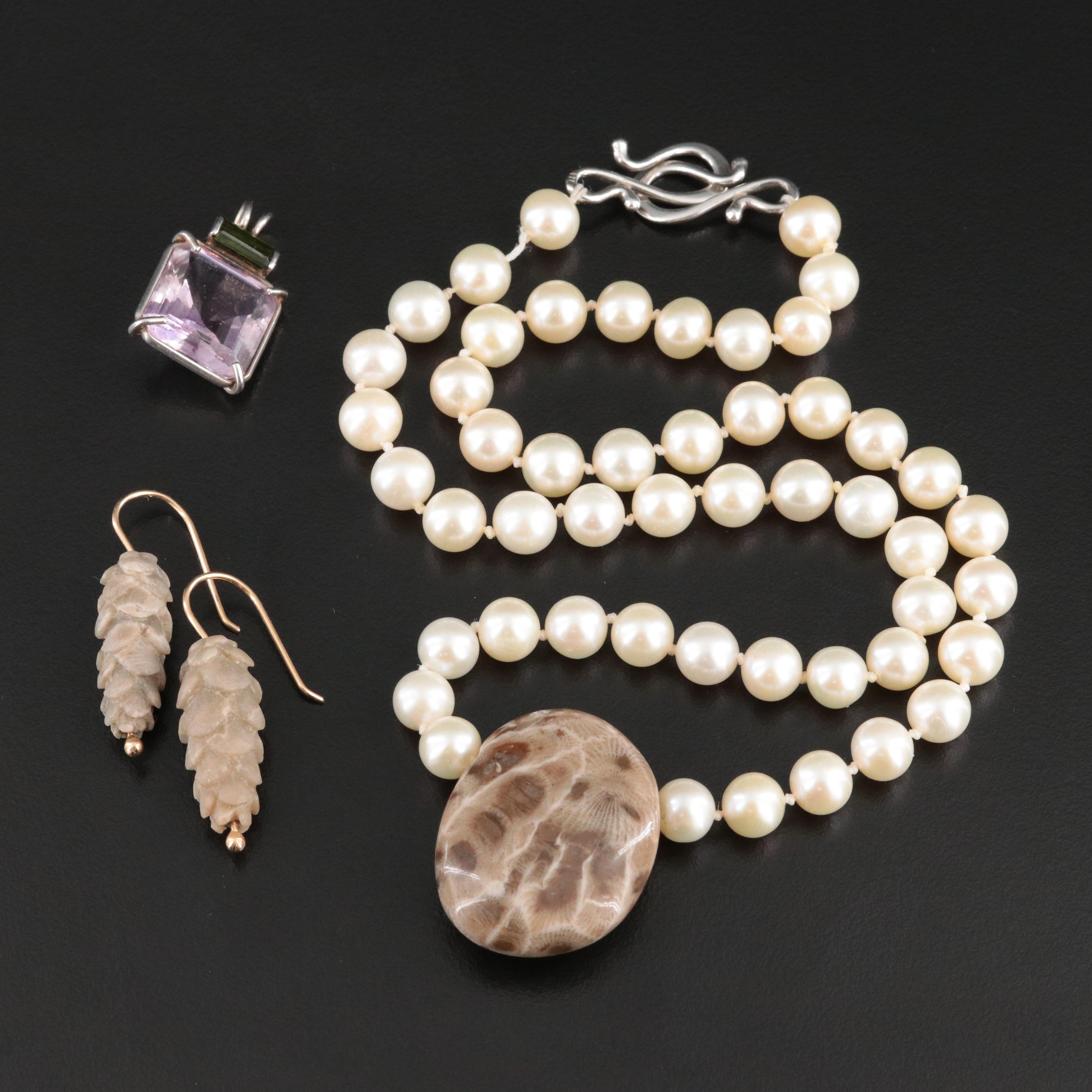 Assorted Sterling and 14K Jewelry Featuring Petoskey Stone, Pearl, and Amethyst