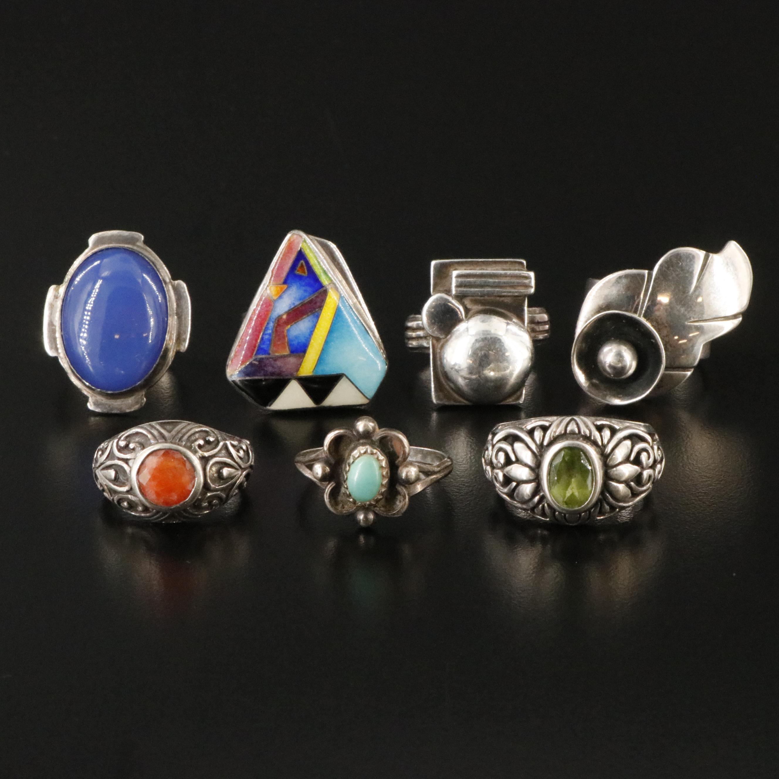 Sterling Ring Collection Including Peridot, Chalcedony and Enamel