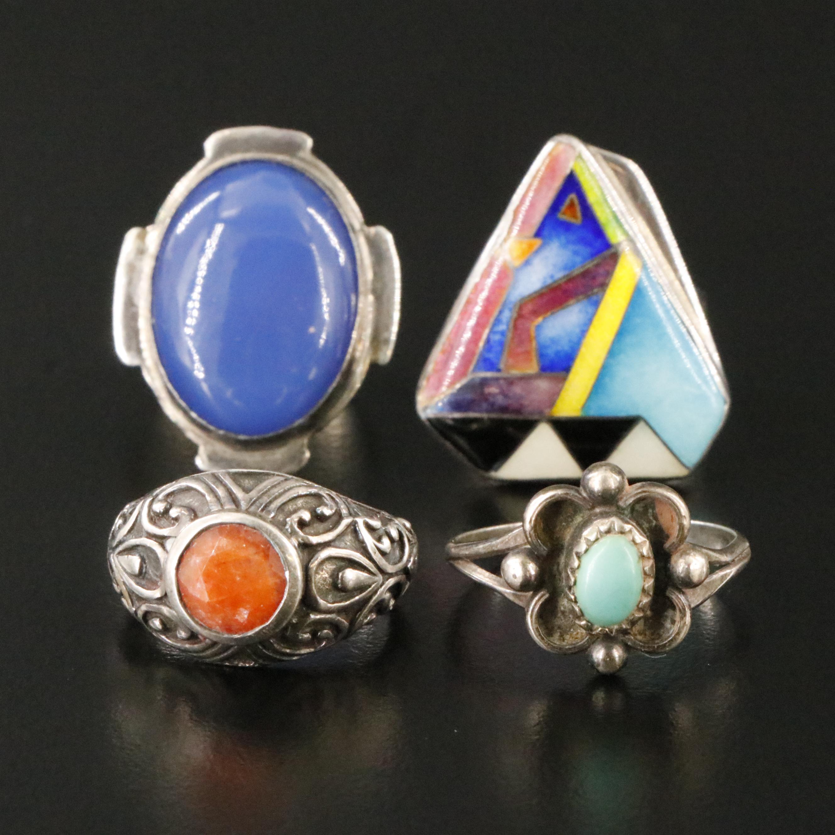 Sterling Ring Collection Including Peridot, Chalcedony and Enamel