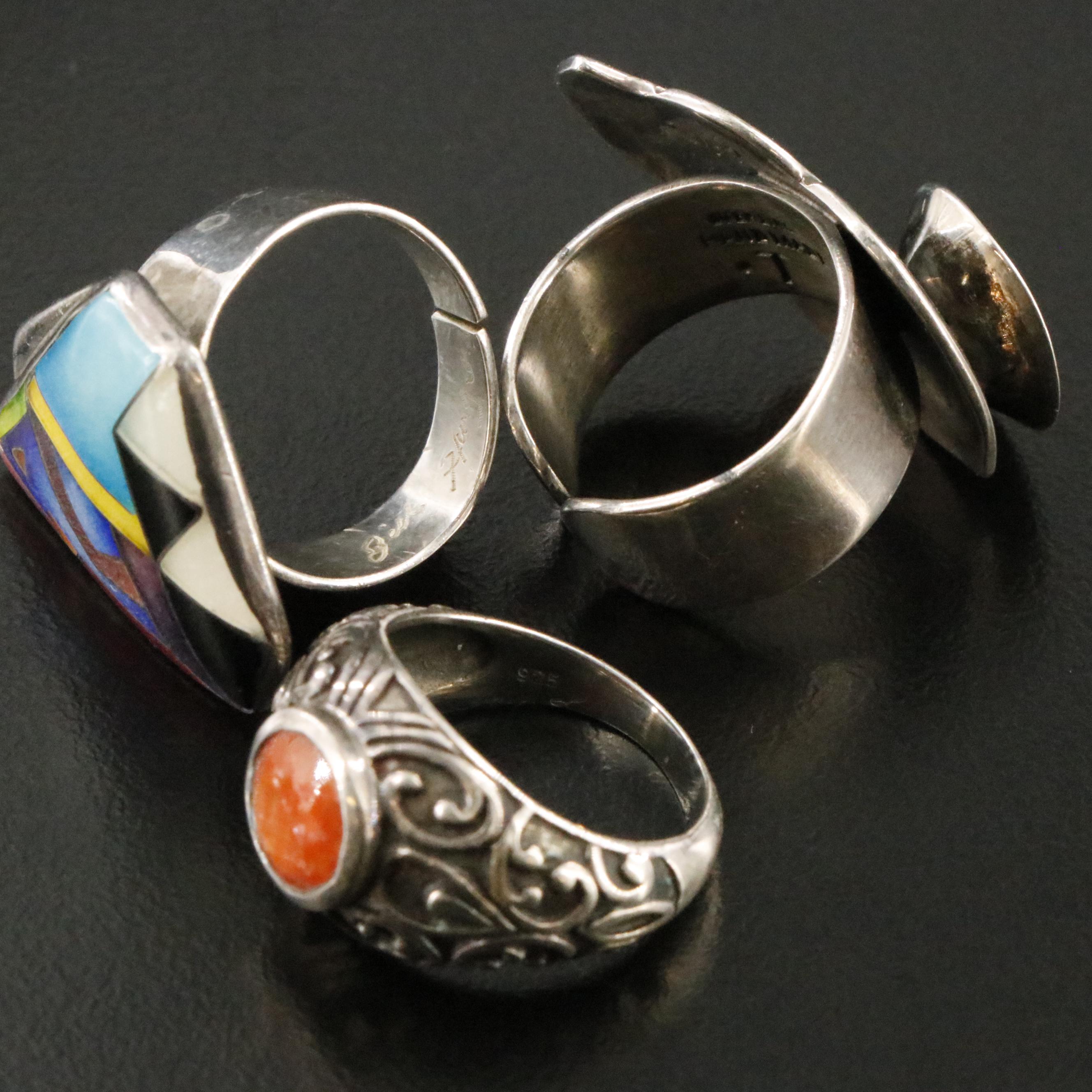 Sterling Ring Collection Including Peridot, Chalcedony and Enamel