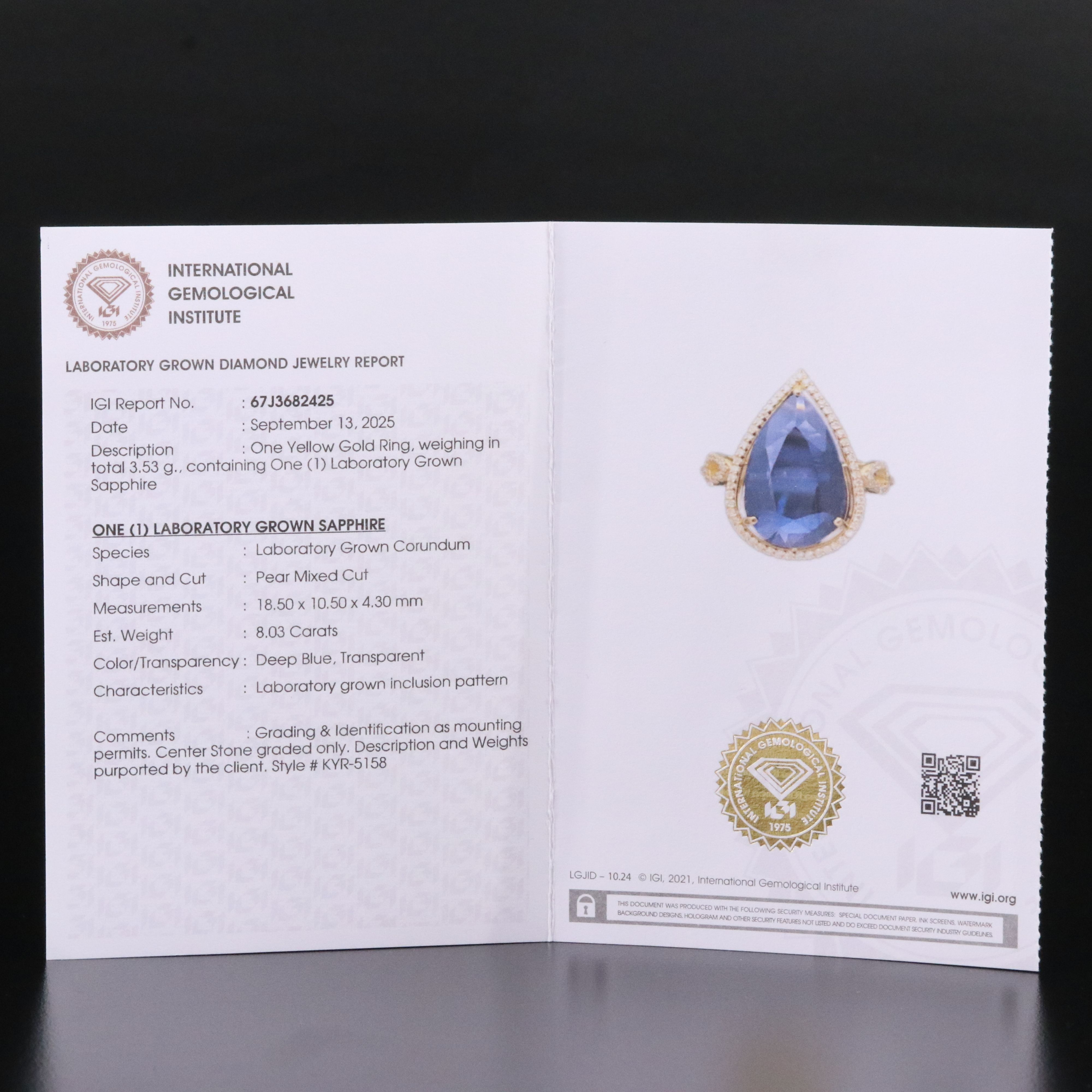 14K 8.03 CT Sapphire and Moissanite Ring with IGI Jewelry Report