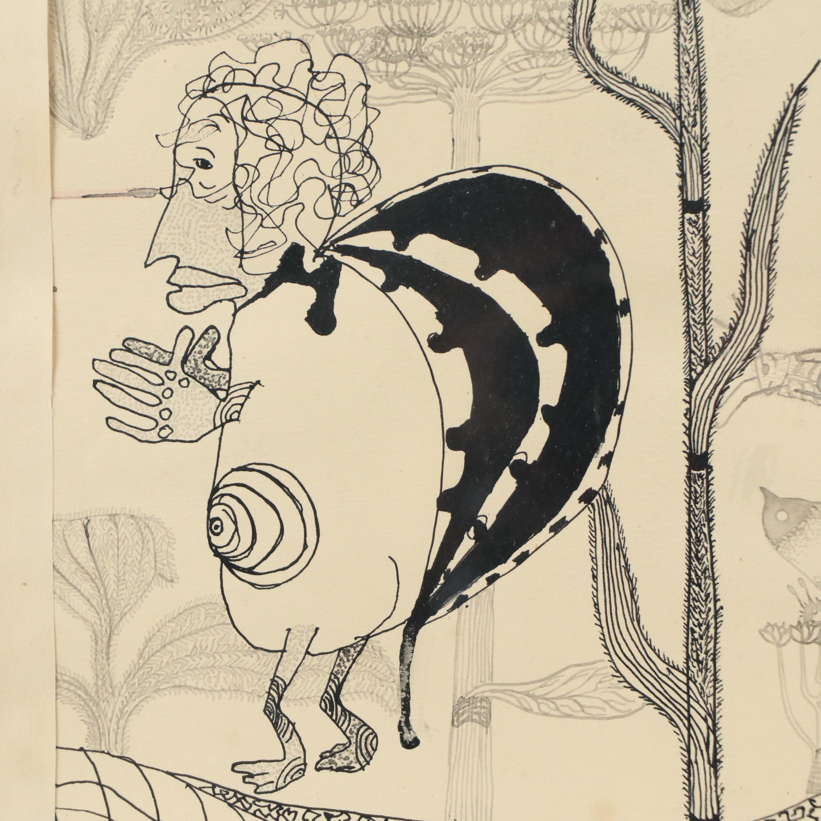 Nikolay Manuylov "Kuk" Whimsical Drawing, Mid-20th Century