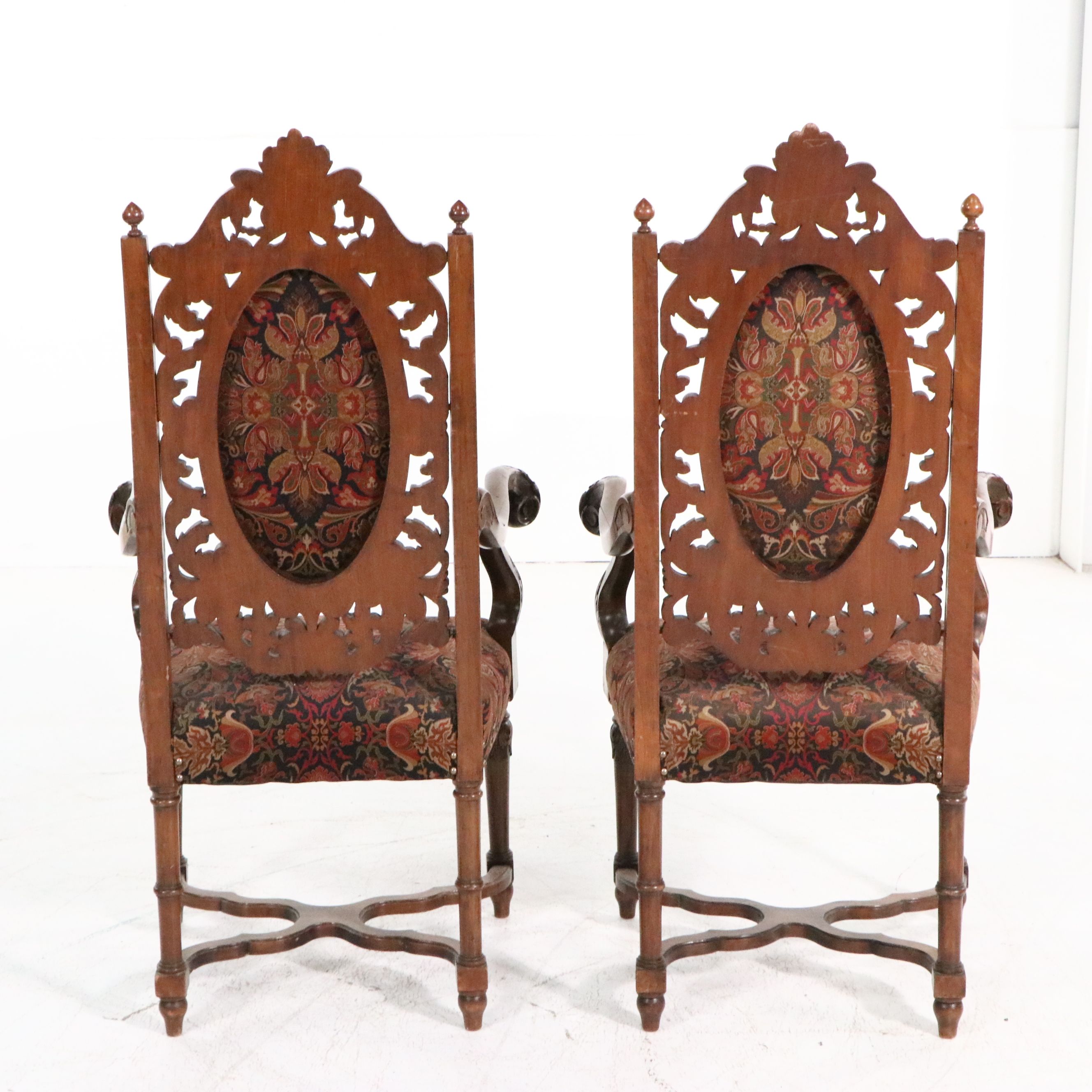 Pair of Renaissance Style Carved Walnut Armchairs, Early 20th Century