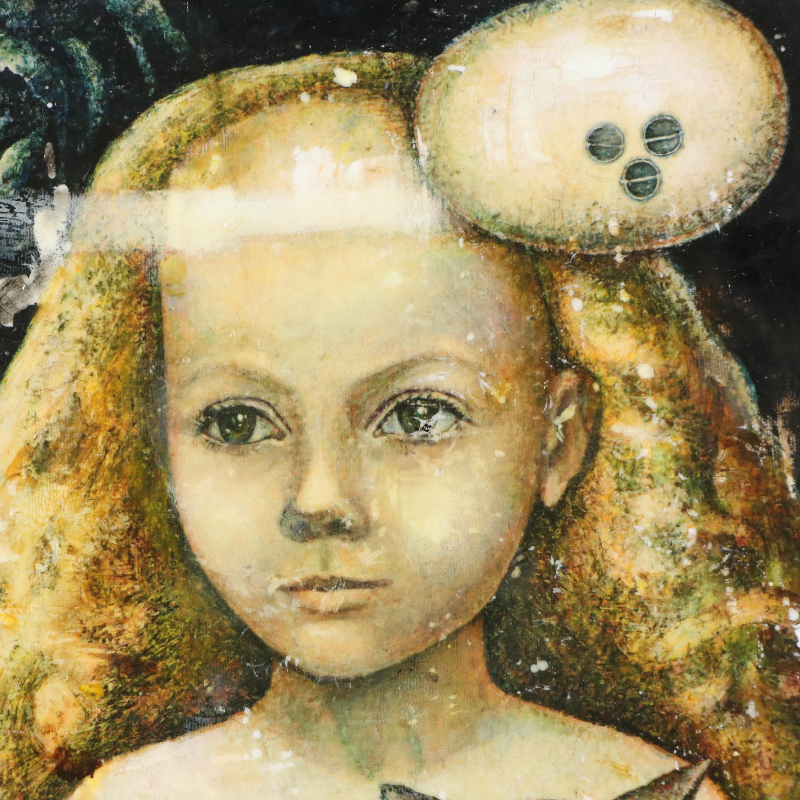 Surrealistic Oil Painting of Young Girl with Cat, Late 20th Century