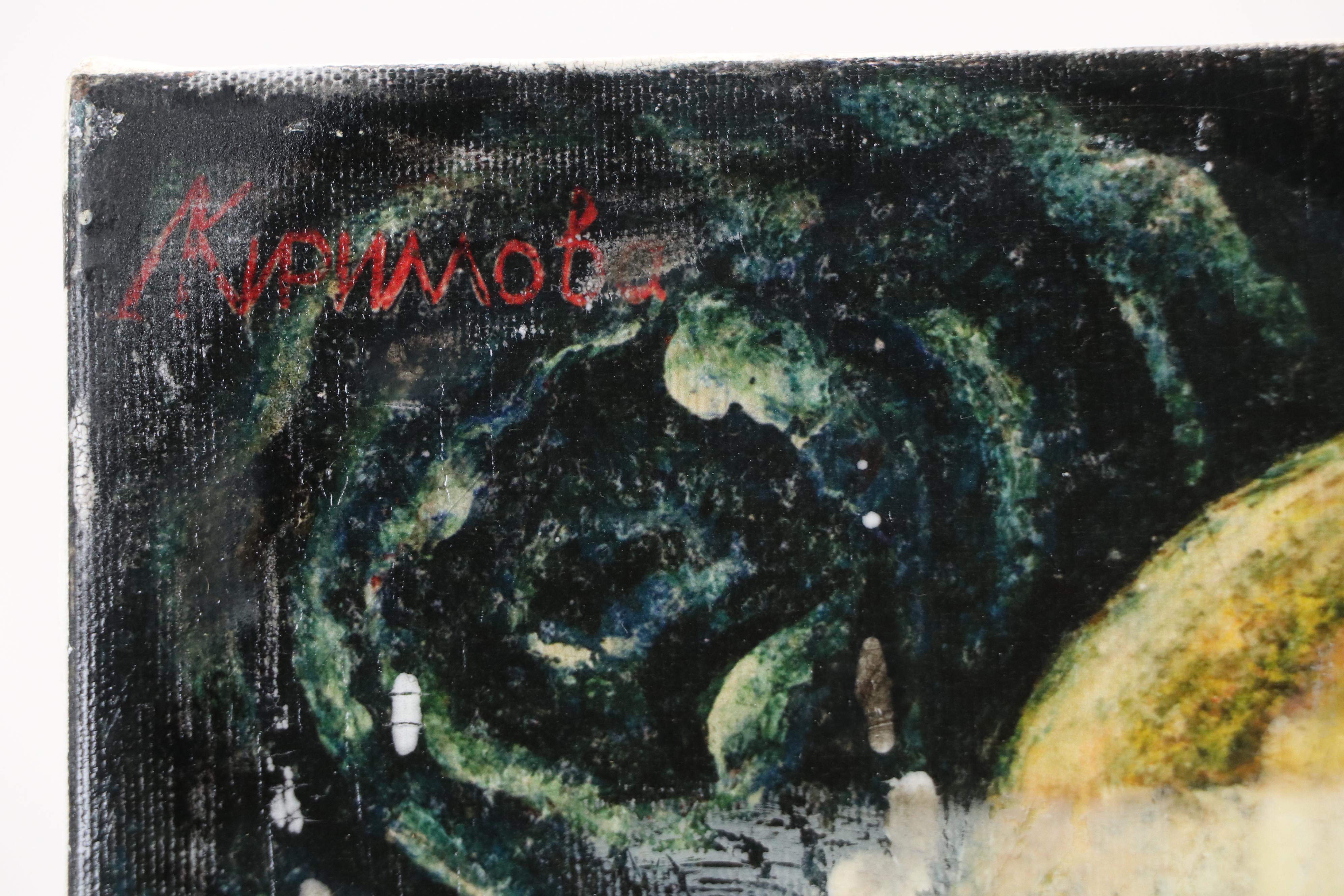 Surrealistic Oil Painting of Young Girl with Cat, Late 20th Century