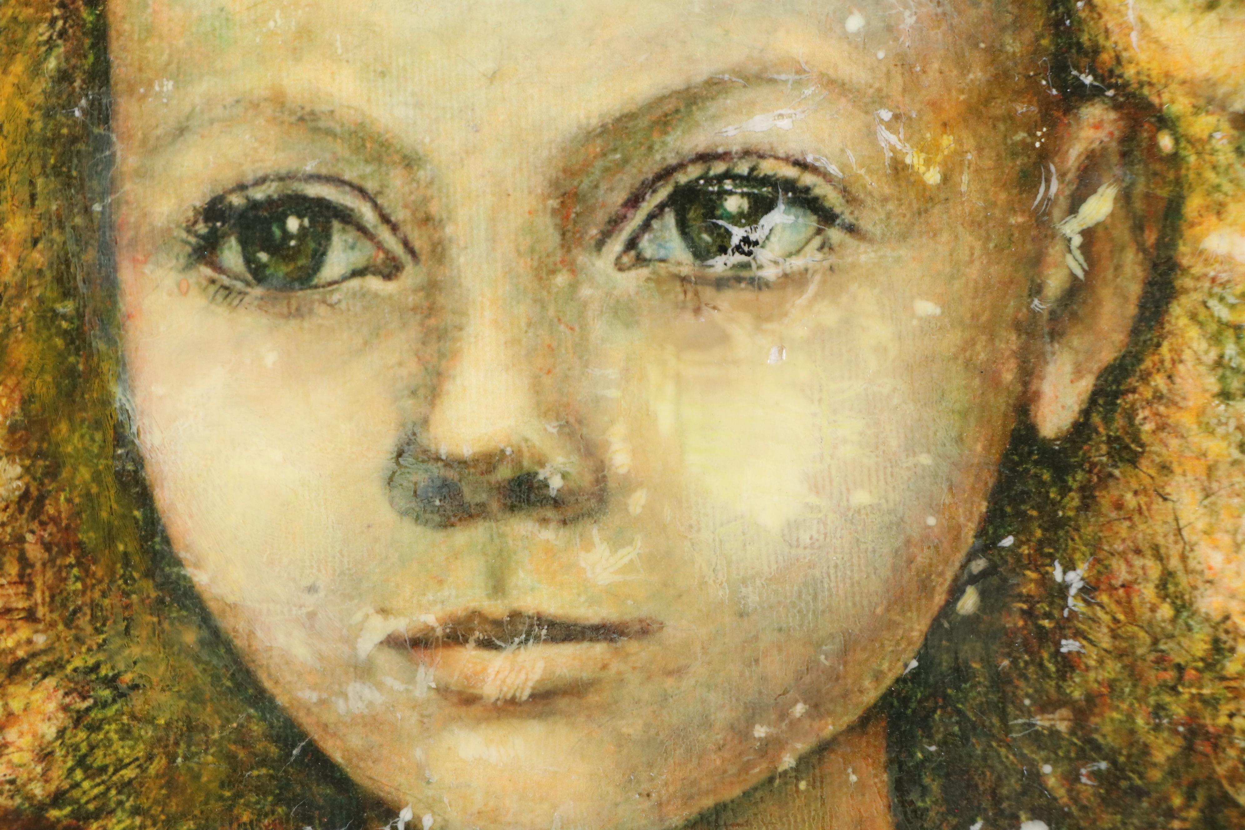 Surrealistic Oil Painting of Young Girl with Cat, Late 20th Century