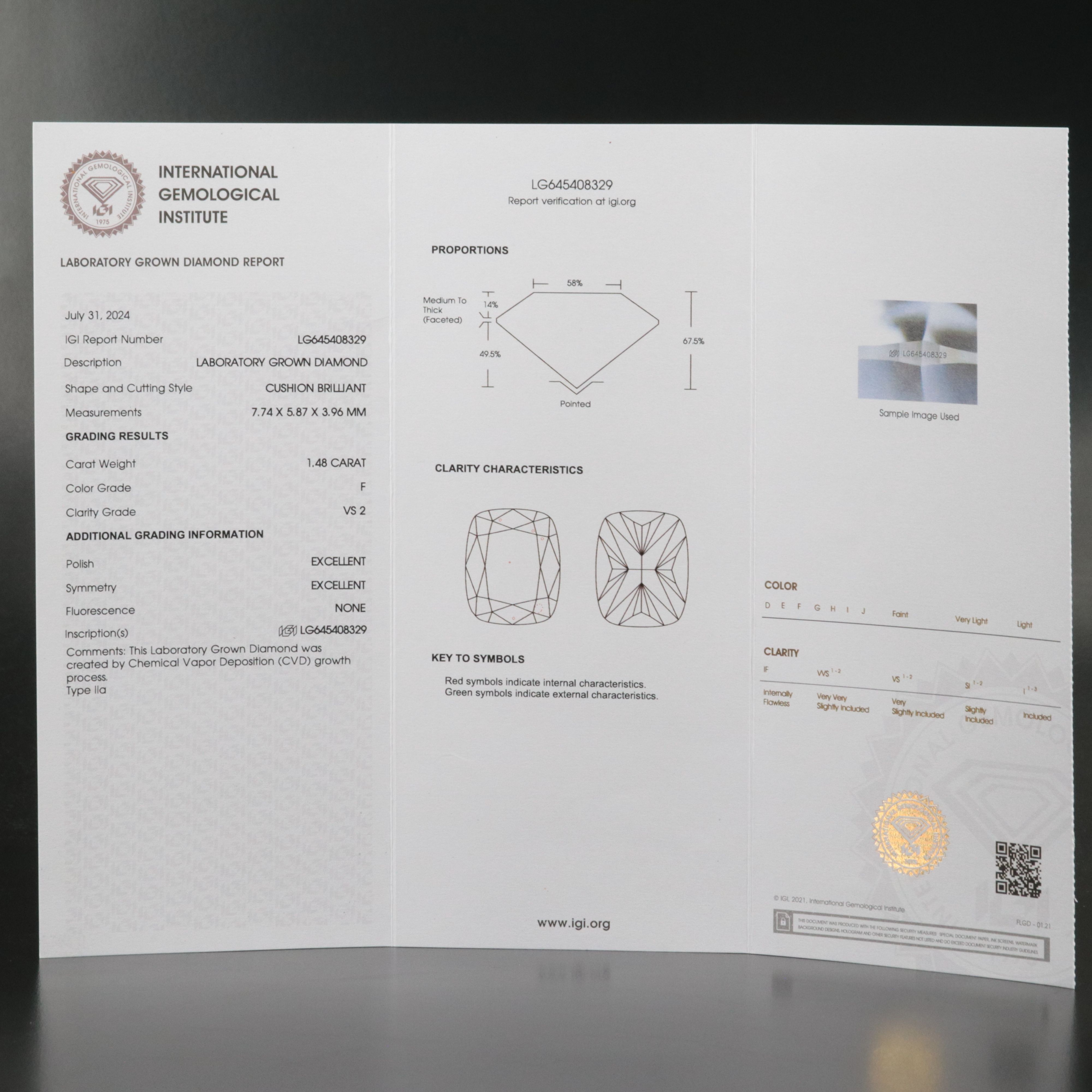 Loose 1.48 CT Lab Grown Diamond with IGI Report