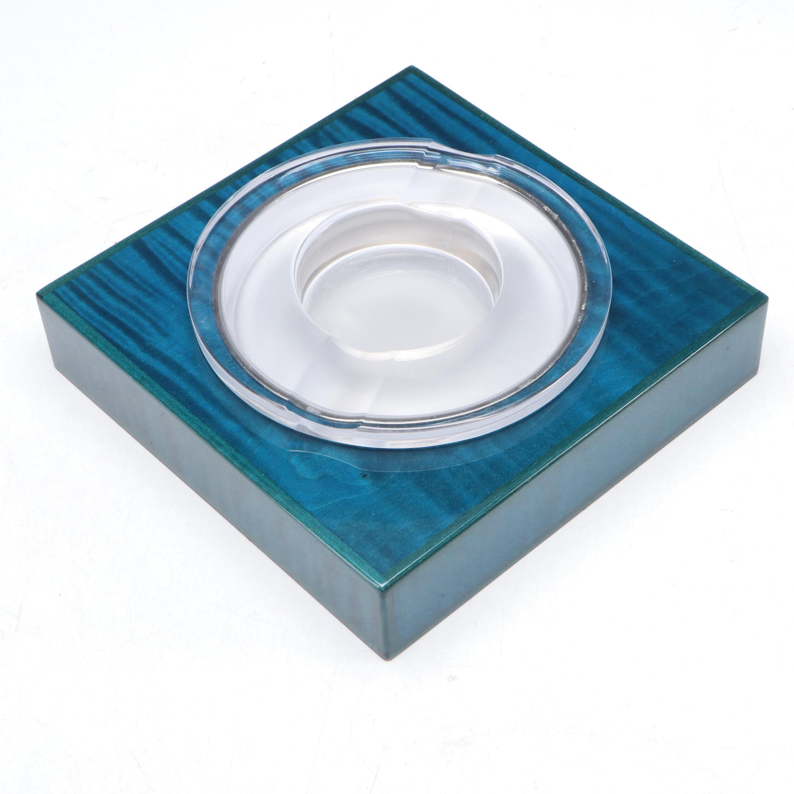 Contemporary Glass Ashtray with Blue Aniline Dyed Maple Holder