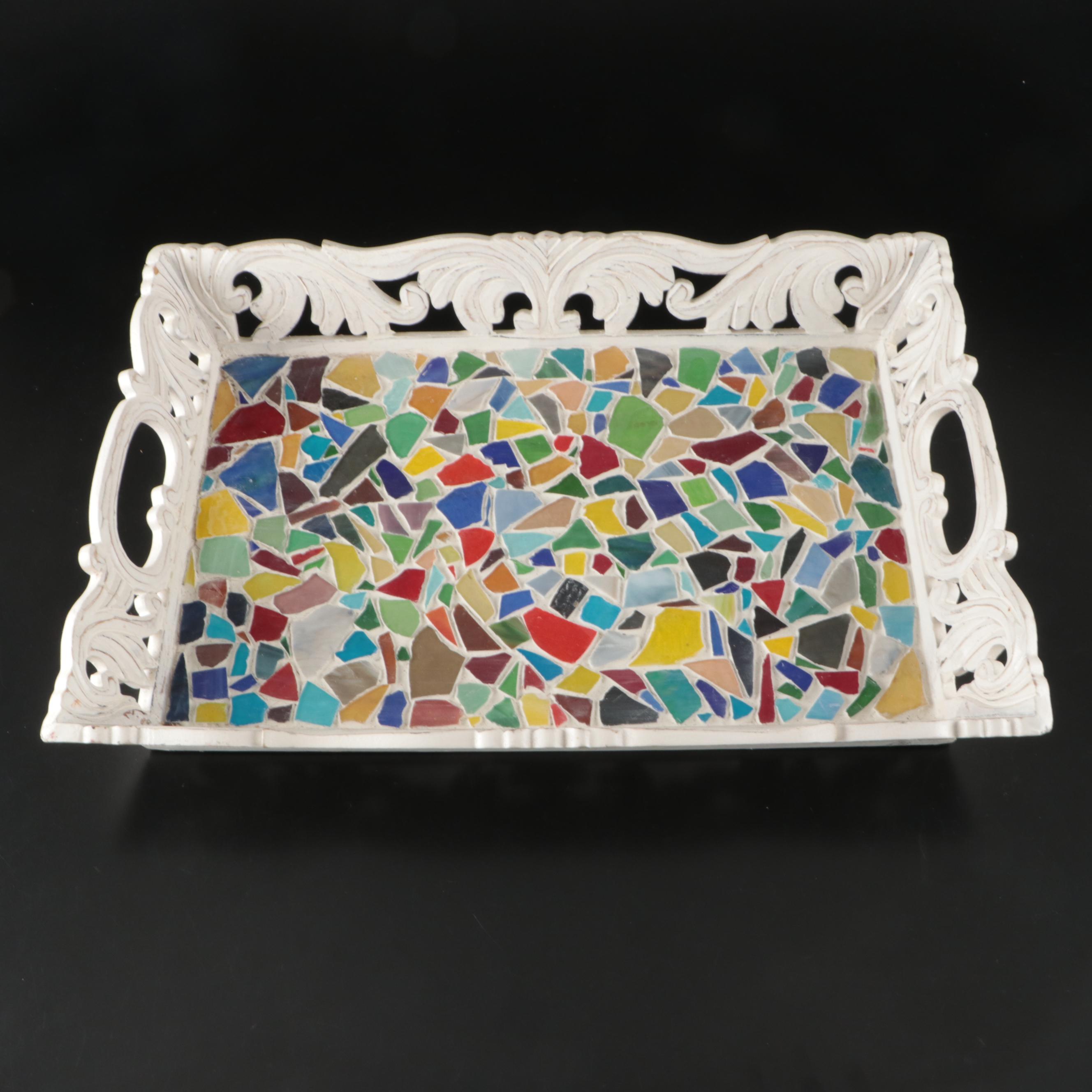 Carved Wood and Glass Mosaic Tray with White-Painted Wicker Frame Mirror