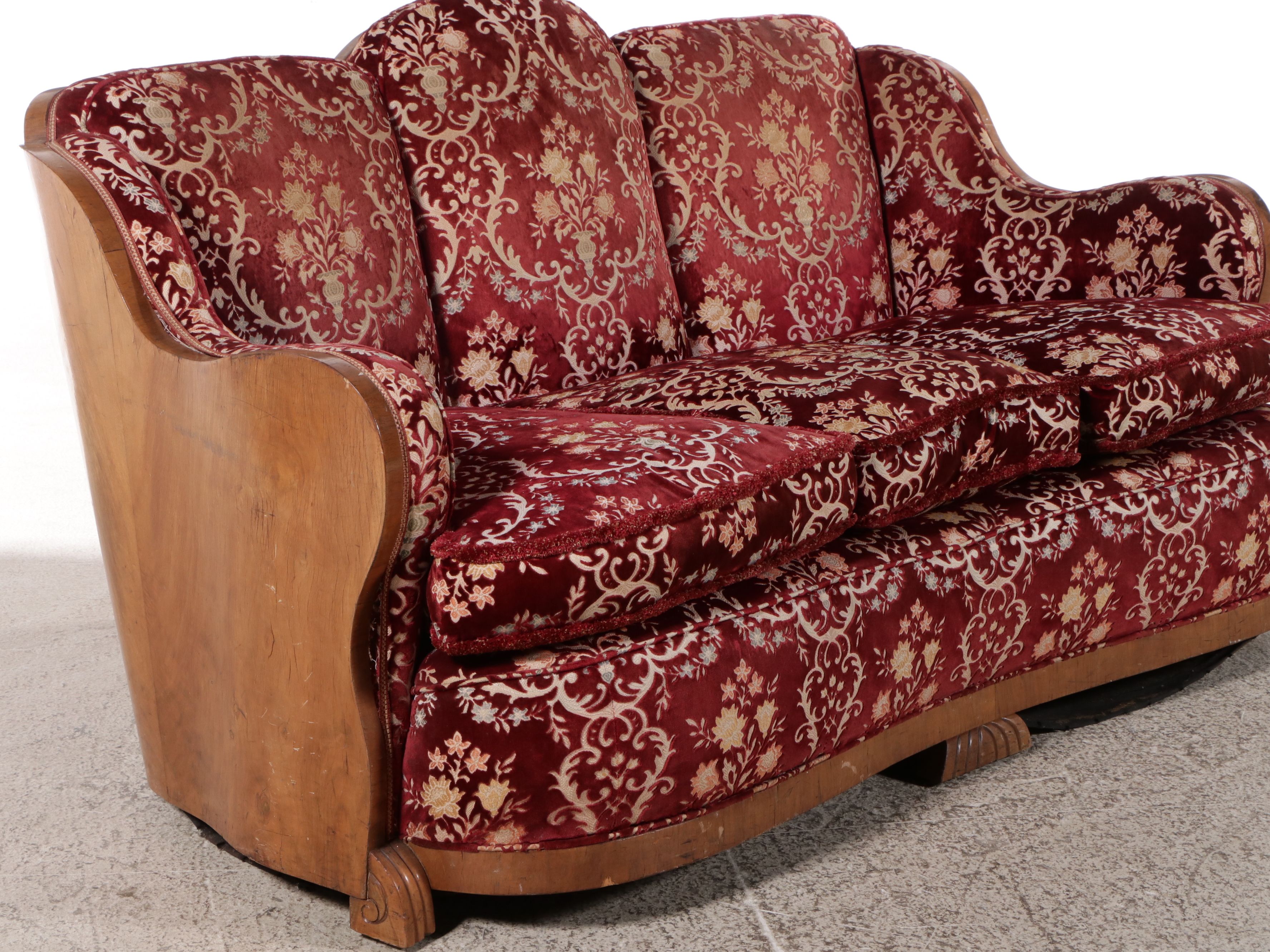 Art Deco Brocade Walnut and Brocade Upholstered Cloud-Back Sofa