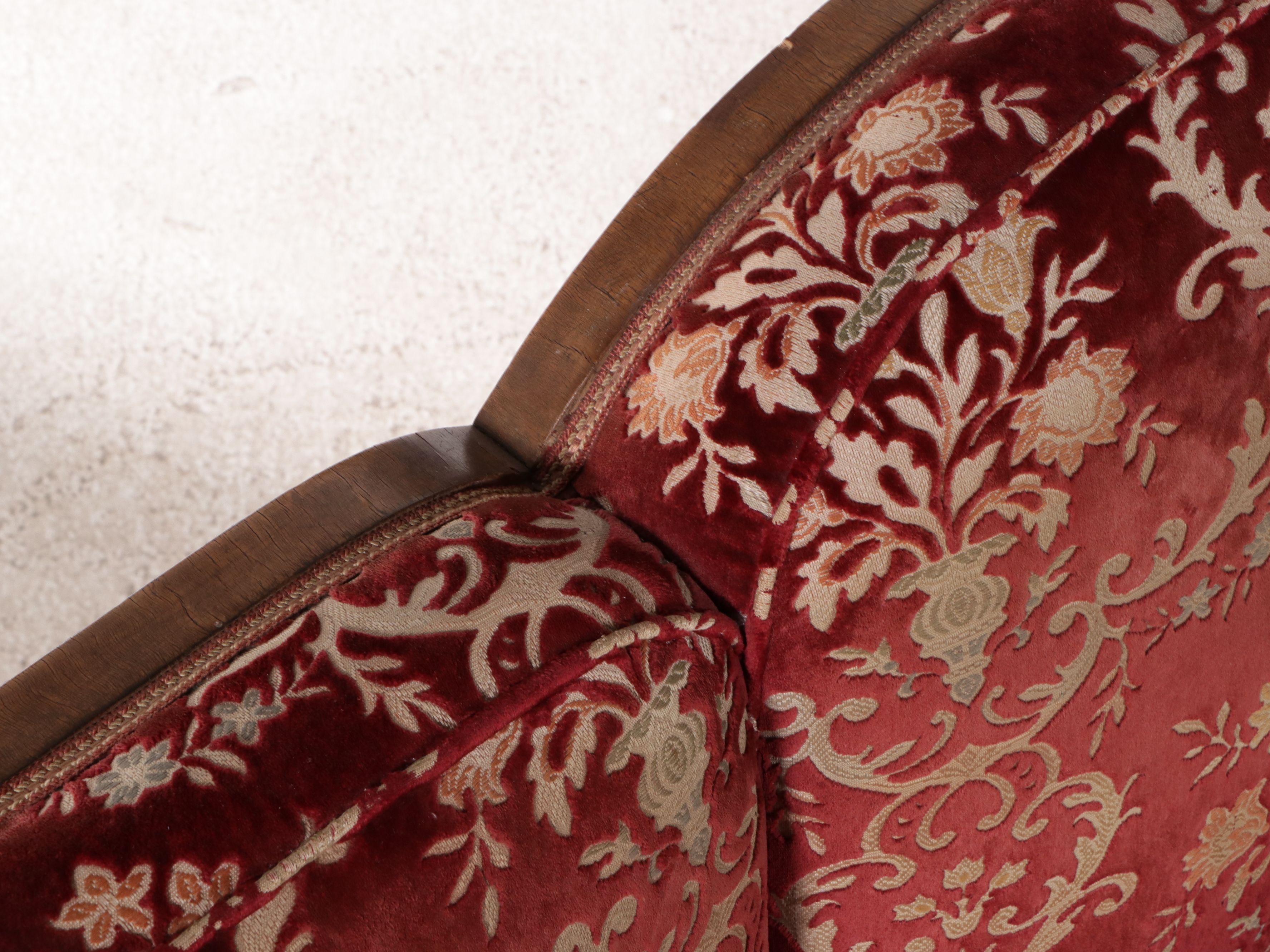 Art Deco Brocade Walnut and Brocade Upholstered Cloud-Back Sofa