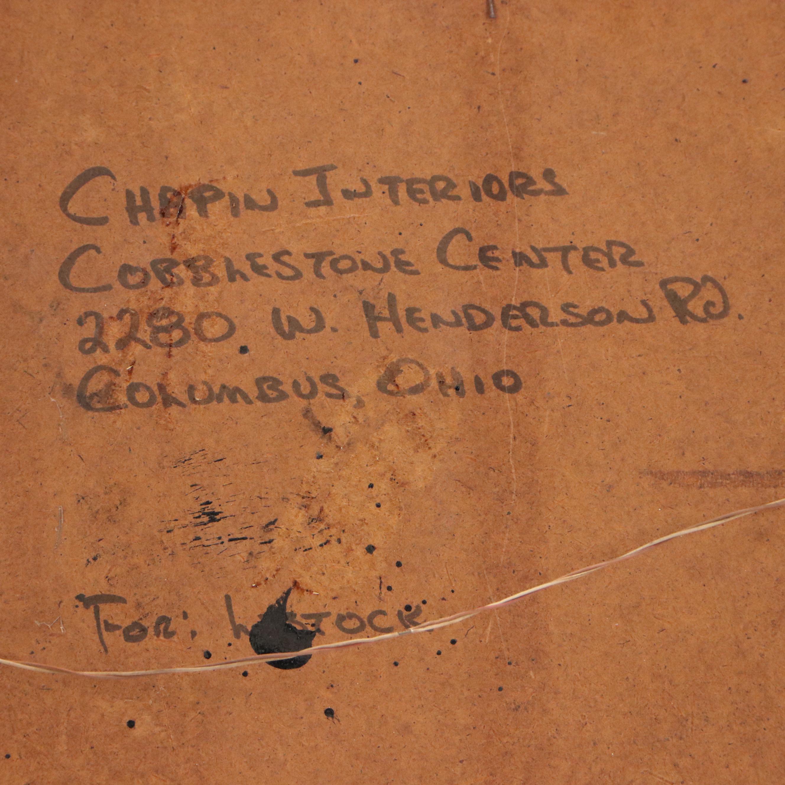 Reverse Glass Painting with Foil and Abalone Details of Riverside Building