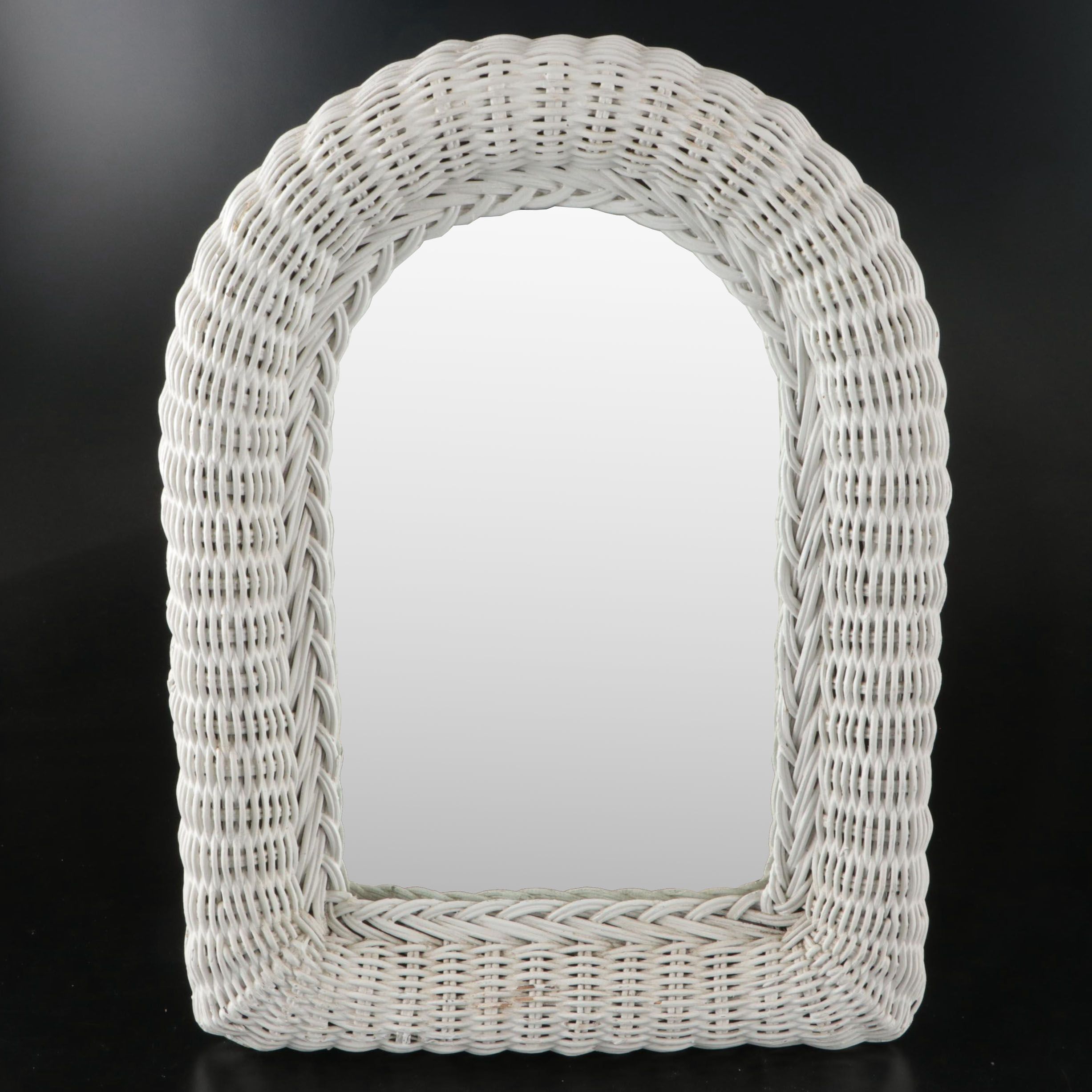 Carved Wood and Glass Mosaic Tray with White-Painted Wicker Frame Mirror