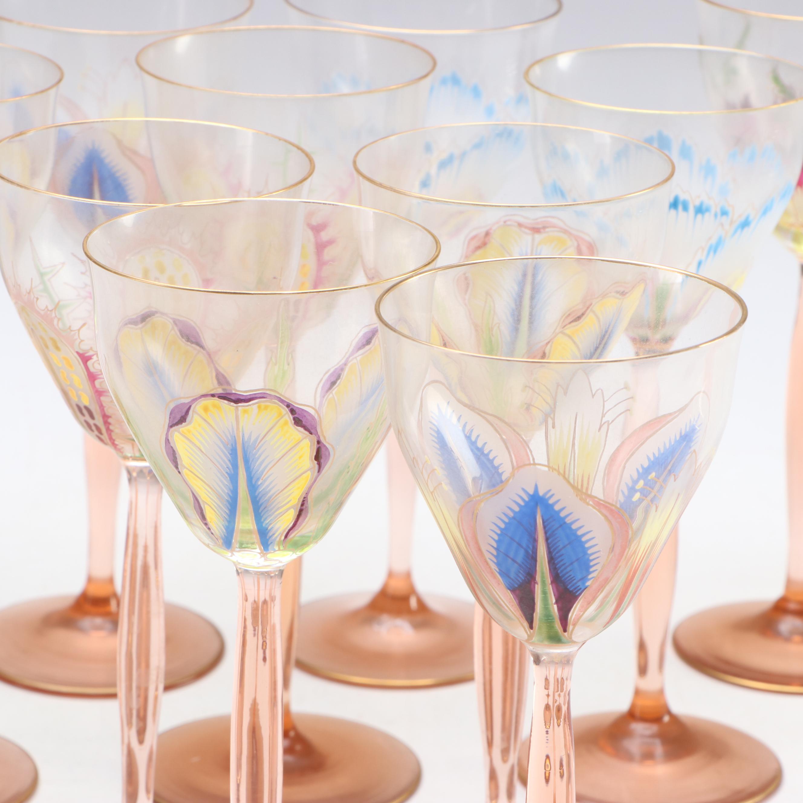 Art Nouveau Style Art Glass Stemmed Cordial Glasses